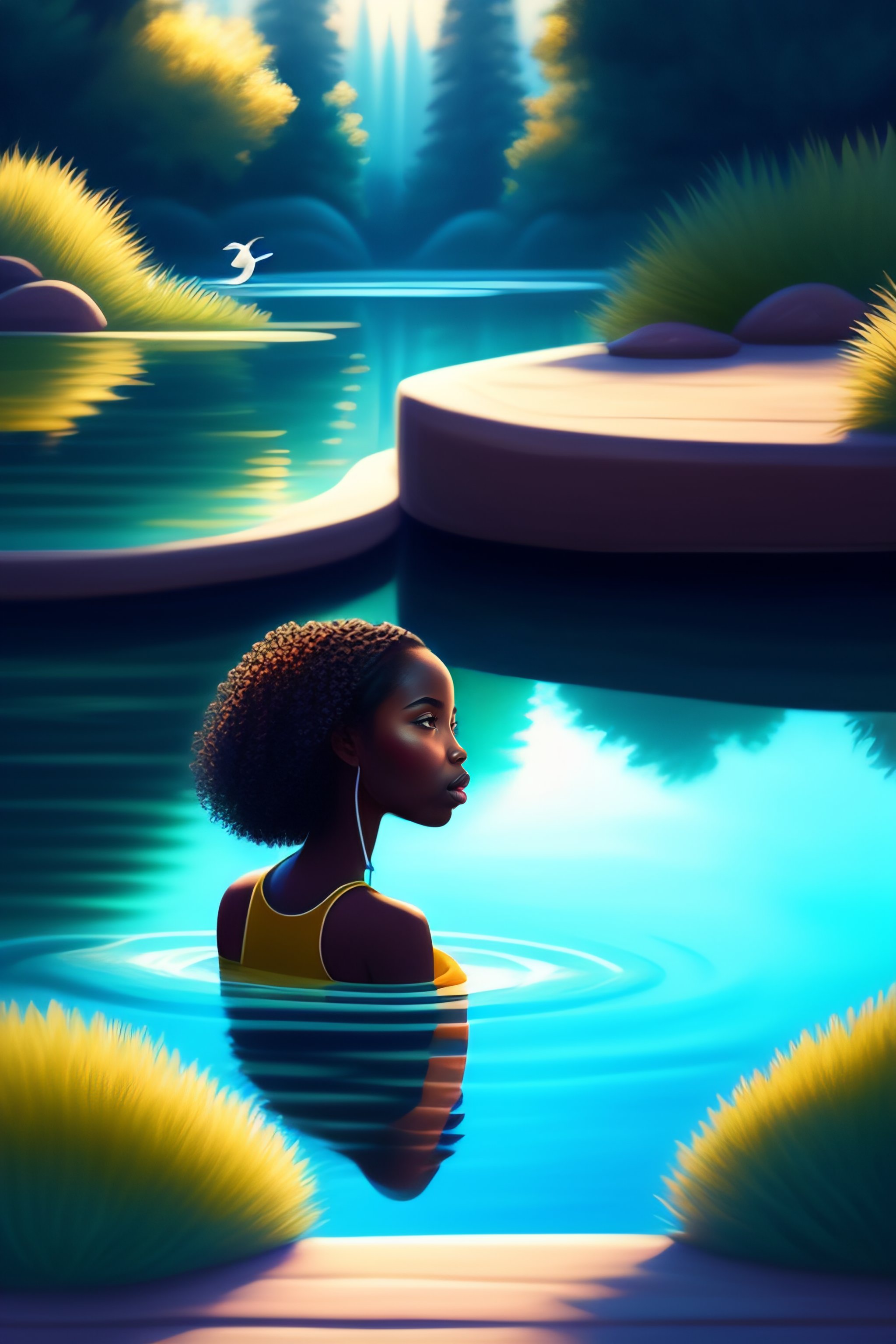 Lexica - View of gorgeous pond with happy black girl sitting by the ...