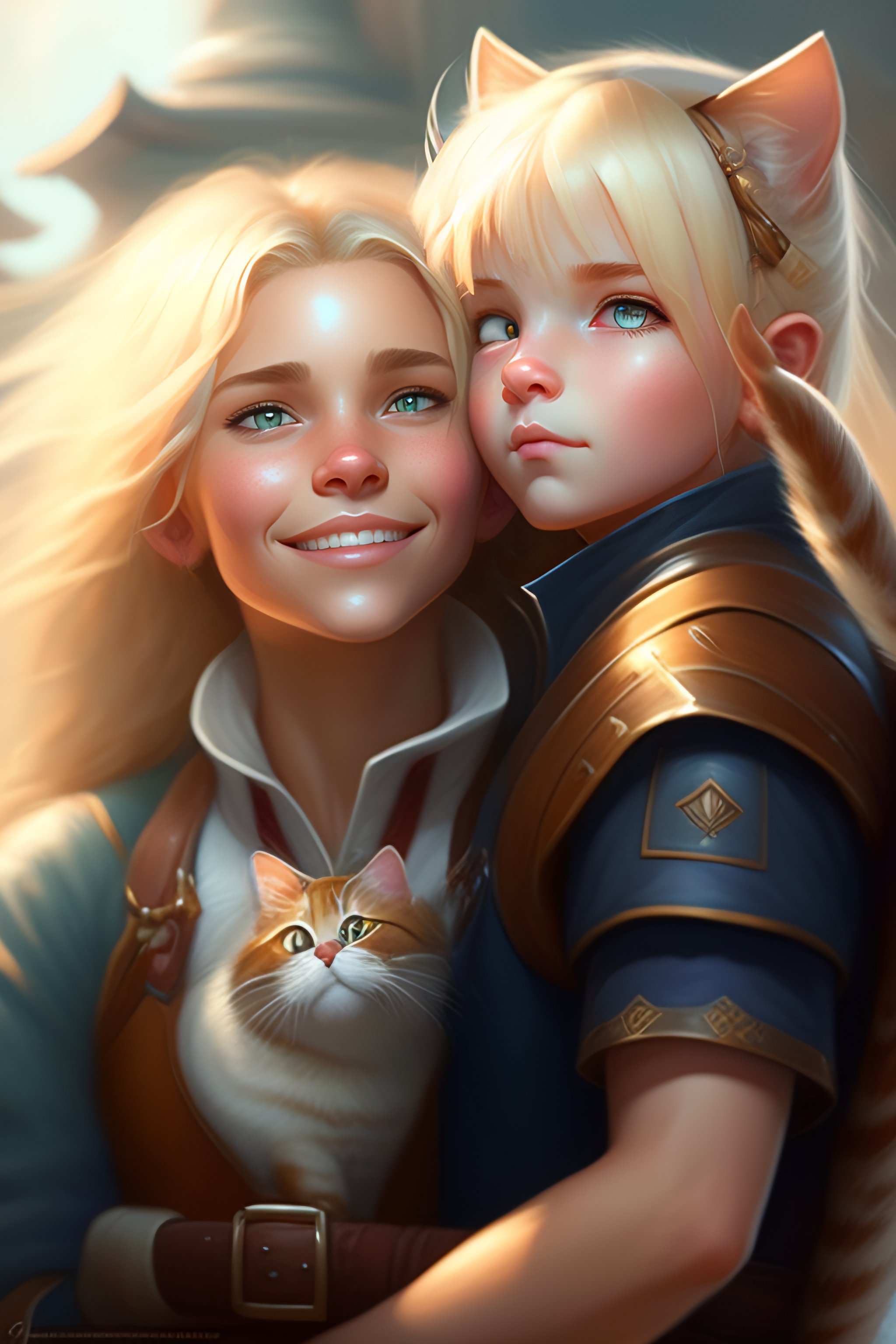 Lexica - A detailed portrait of a cute calm blonde girl hugging a tabby ...