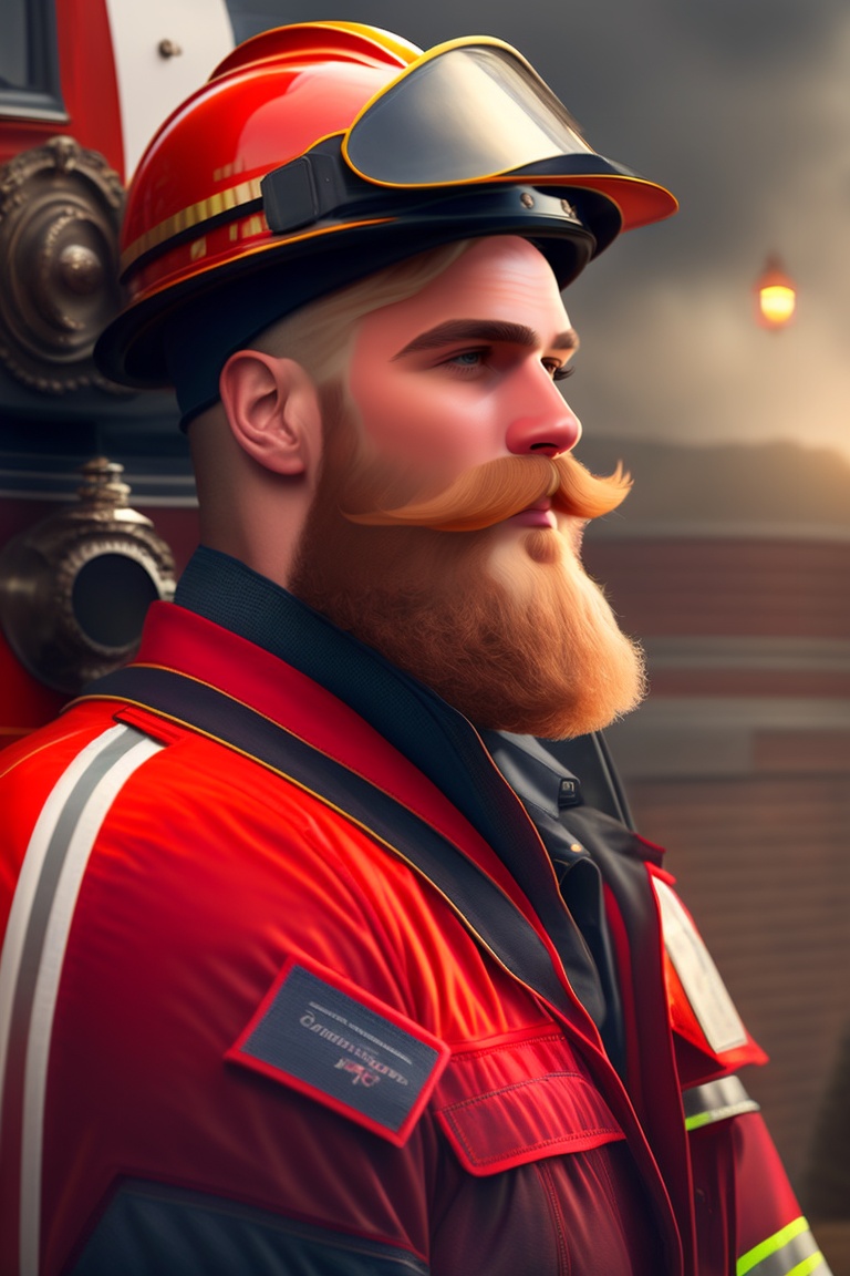 Lexica A firefighter wearing a red firefighting suit and helmet, with