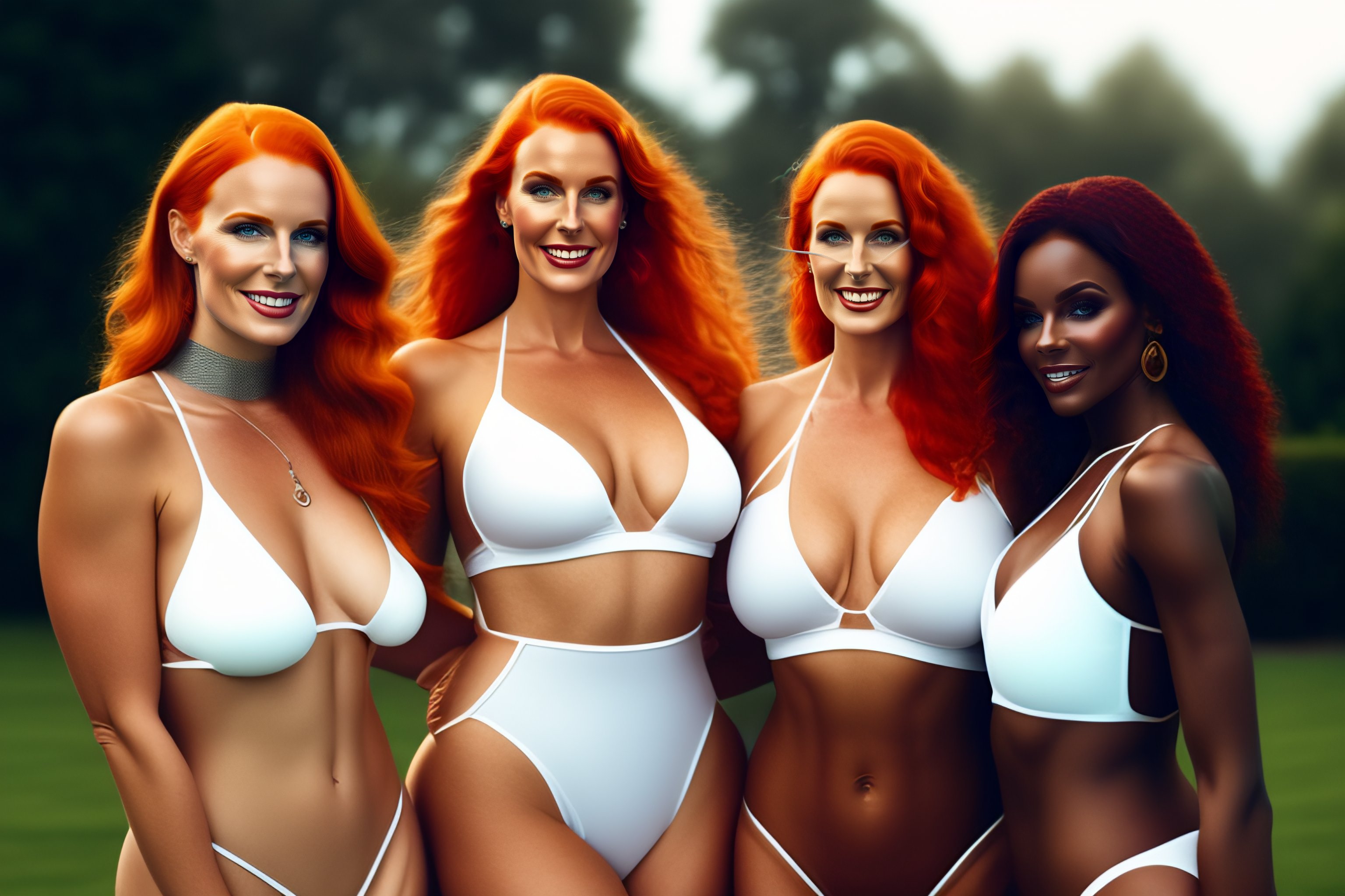 Lexica - A group of unique symmetrical smiling plus size redhead white women  dressed in mesh string low cut bikinis standing on lawn full body height