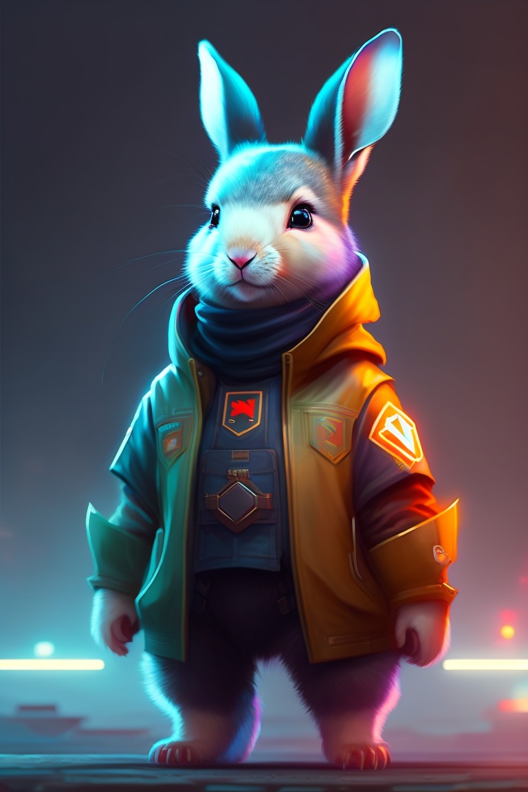 Lexica - A rabbit, cyberpunk, cute, with cloths, full body in a hero ...