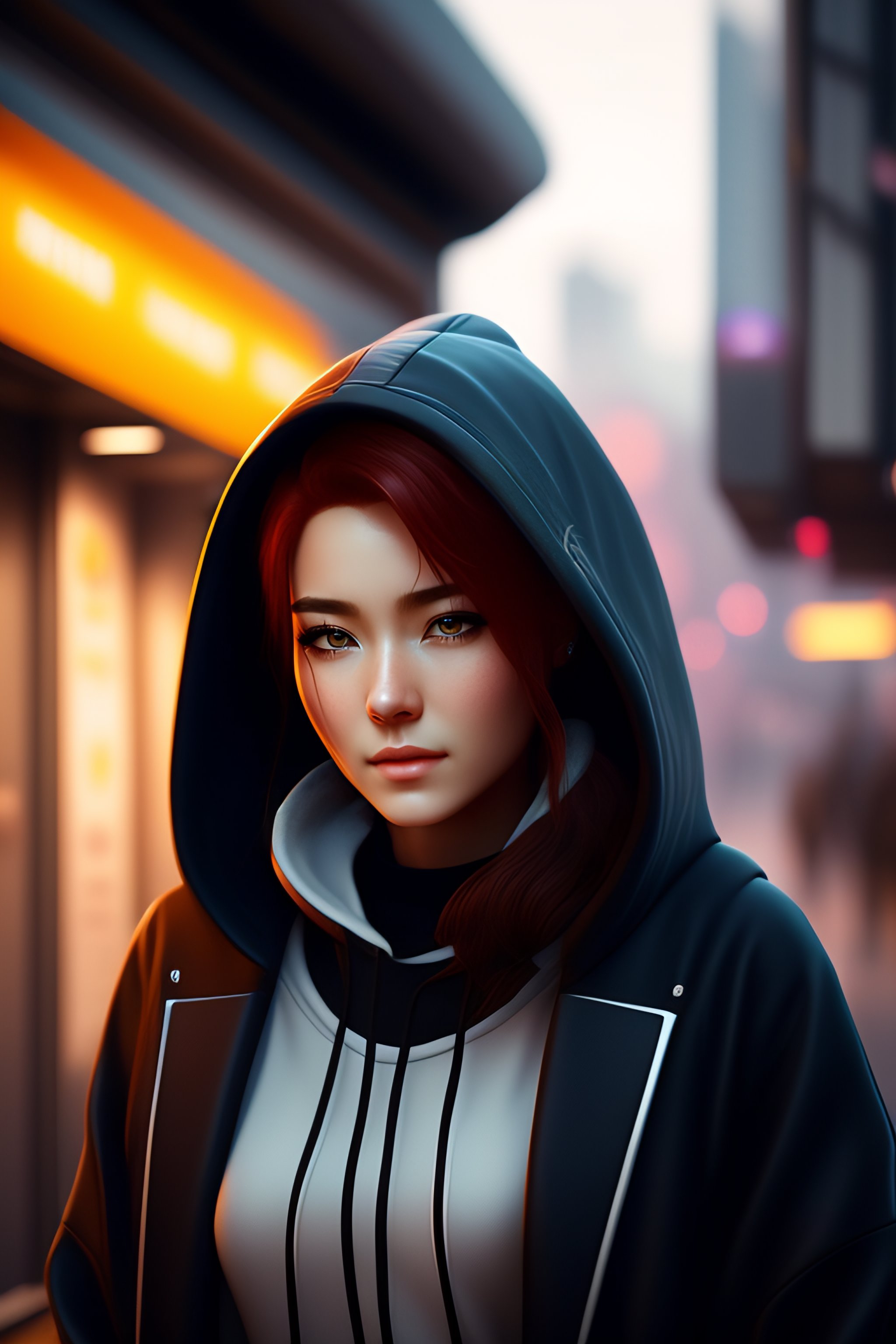 Lexica Cyberpunk City Setting Realistic Young Anime White Woman Wearing A Hoodie Under A 7651