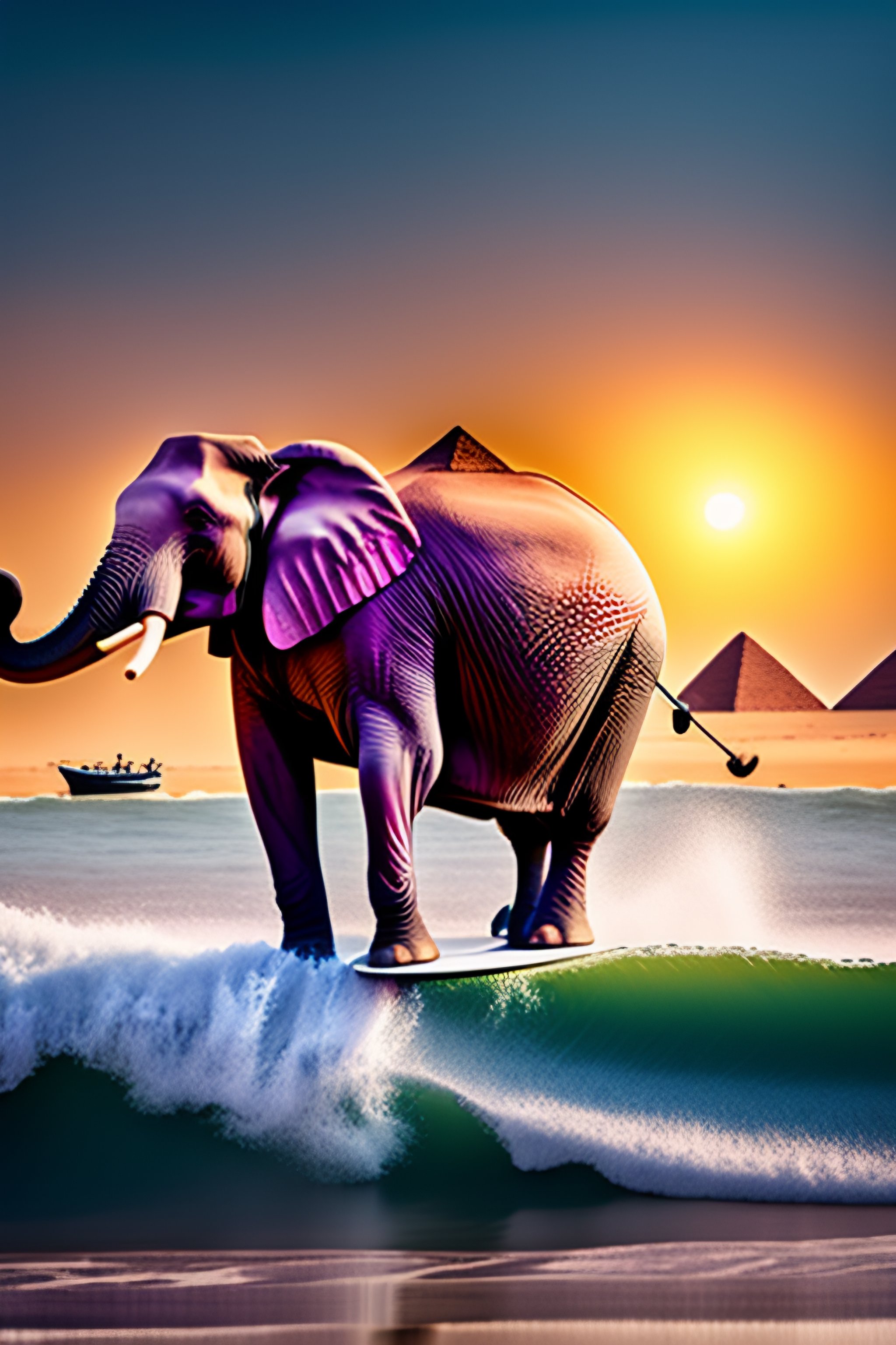Lexica - A pink elephant riding a surfboard near the egypt pyramids