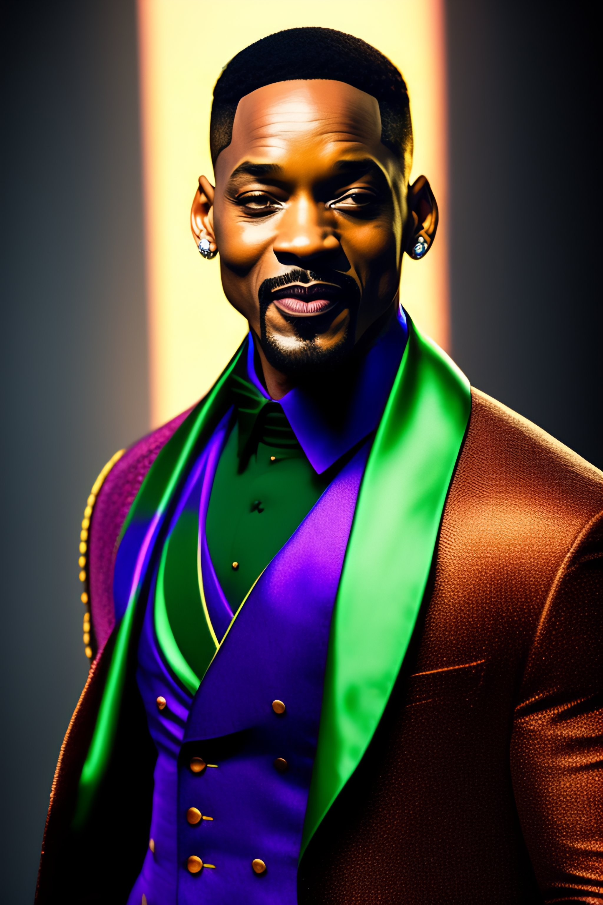 Lexica Will smith as the joker in black joker hood styled suit