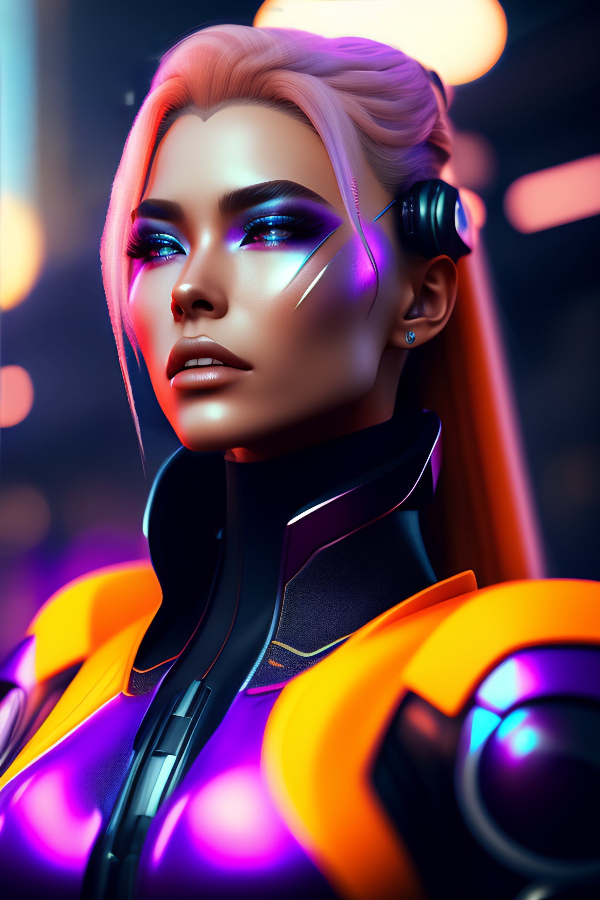 prompthunt: beautiful female cyborg wearing futuristic cyberpunk fashion,masamune  shirow,live action, cosplay,female fashion costume style+high  detail,epic,fantasy,sci-fi,futuristic female cyborg,futuristic fashion  trending on artstation,orange and