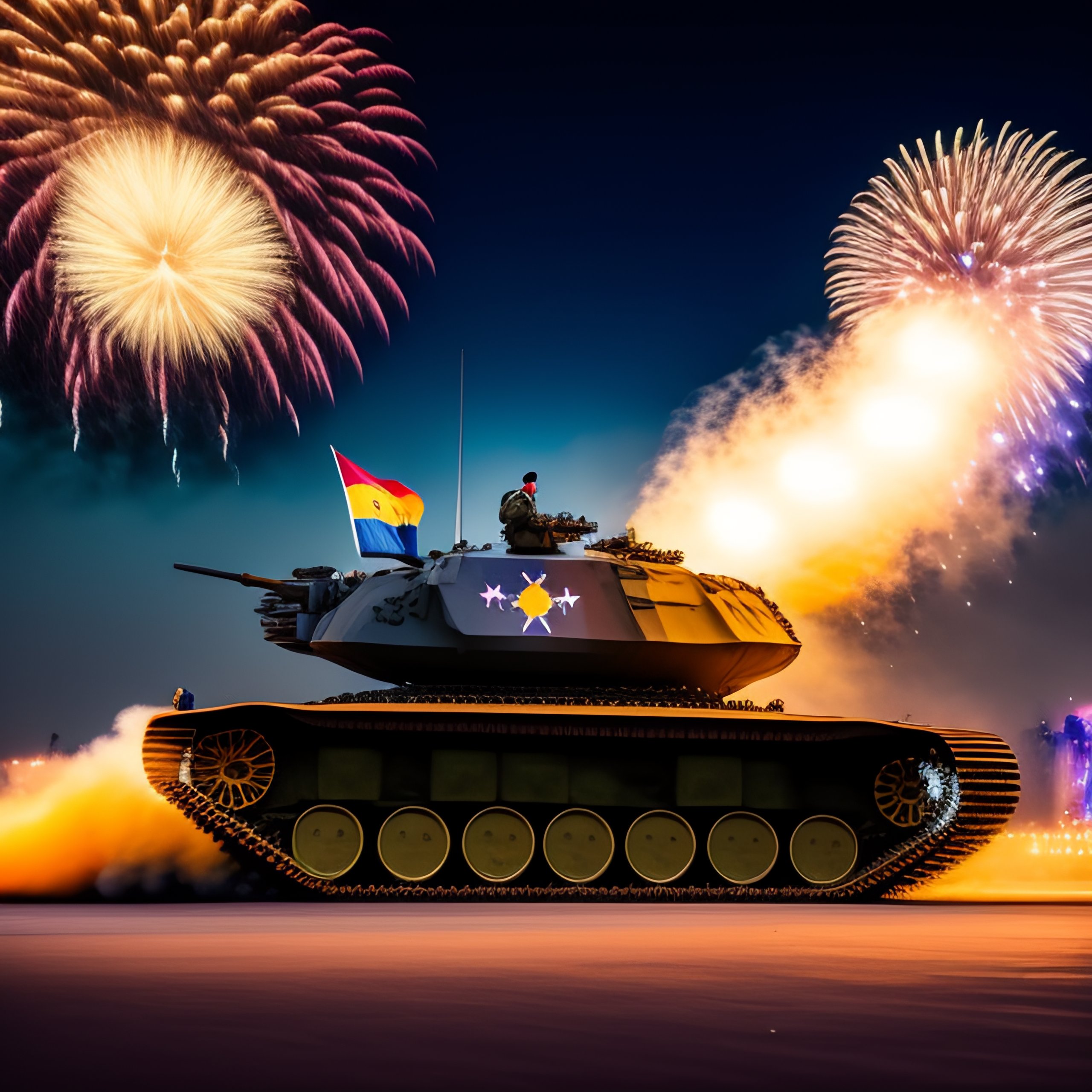 Lexica - Bolsonaro riding atop of a war tank, fireworks, brazilian flag ...