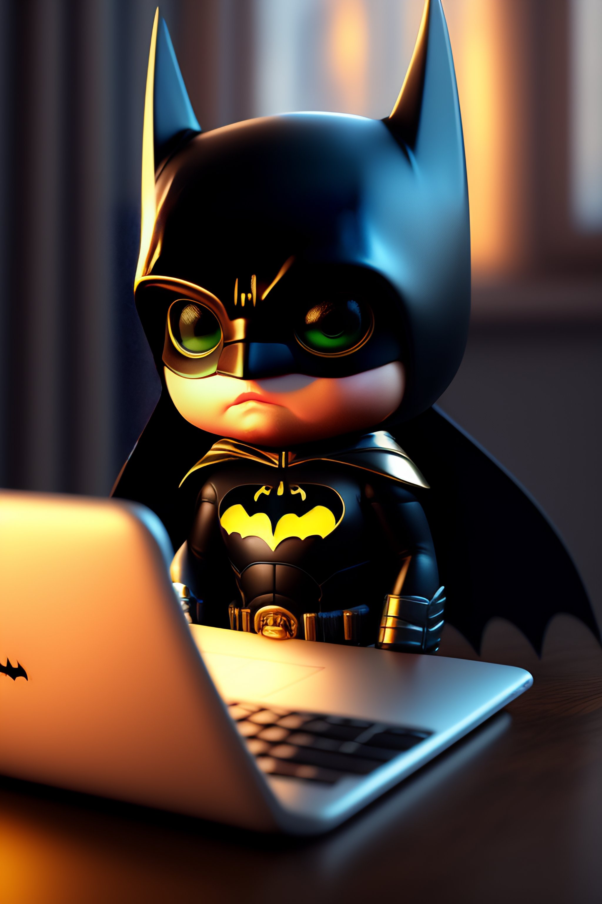 Lexica - Cute small humanoid batman sitting in front of laptop ,unreal  engine, cozy indoor lighting, artstation, detailed, digital  painting,cinematic...