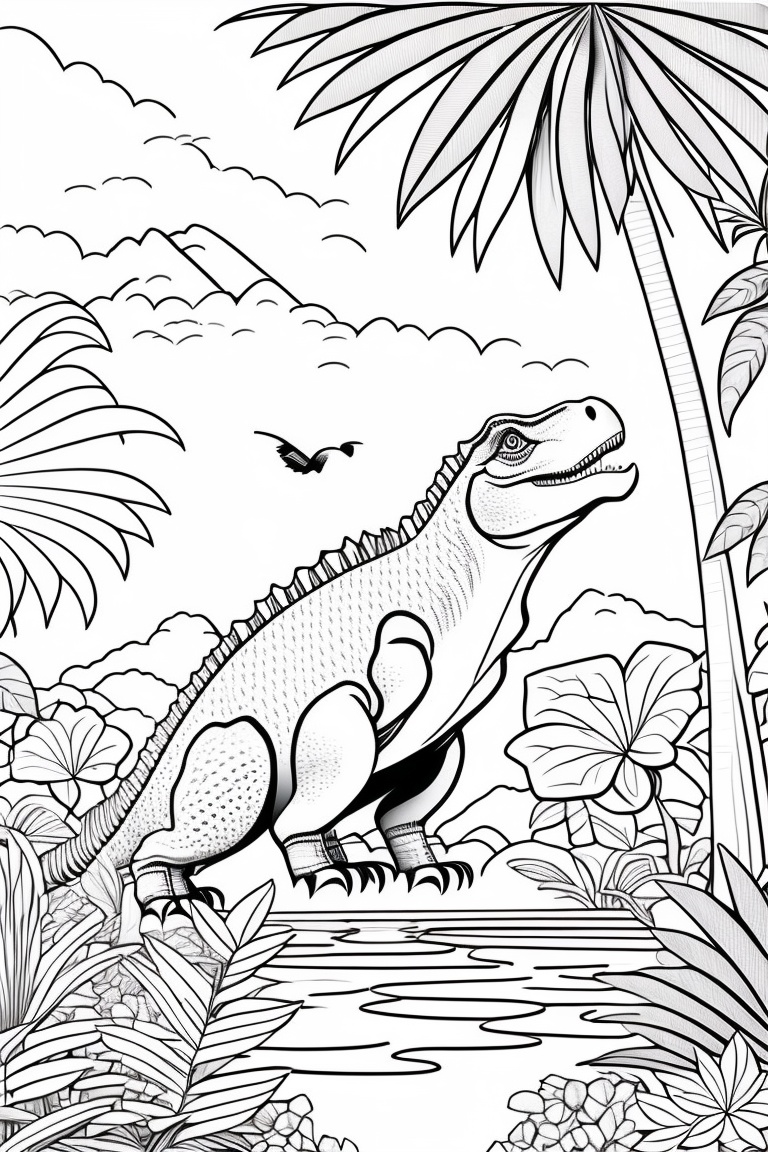 Lexica - Coloring page for kids , tyranosaurus rex in a jungle