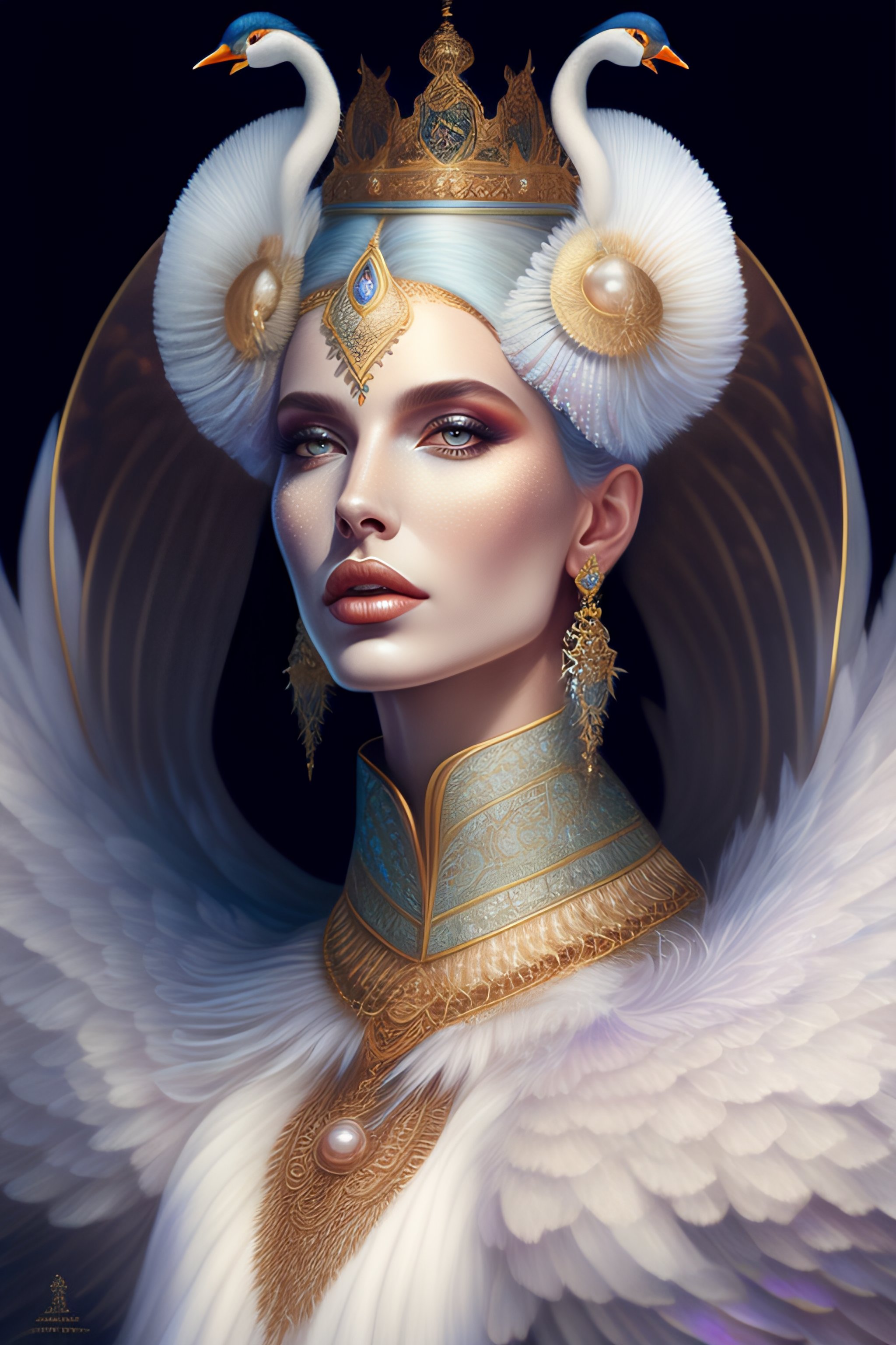 Lexica Queen of Swans, insanely detailed and intricate dress with white feathers and