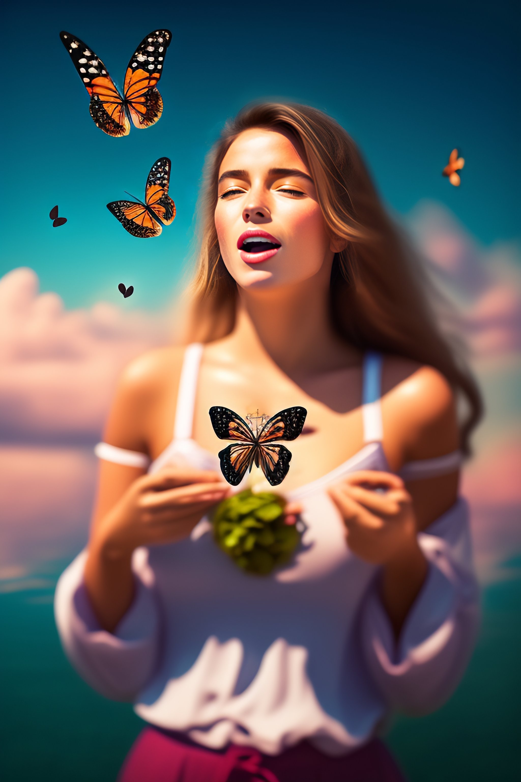 Lexica Girl throwing up butterflies woman