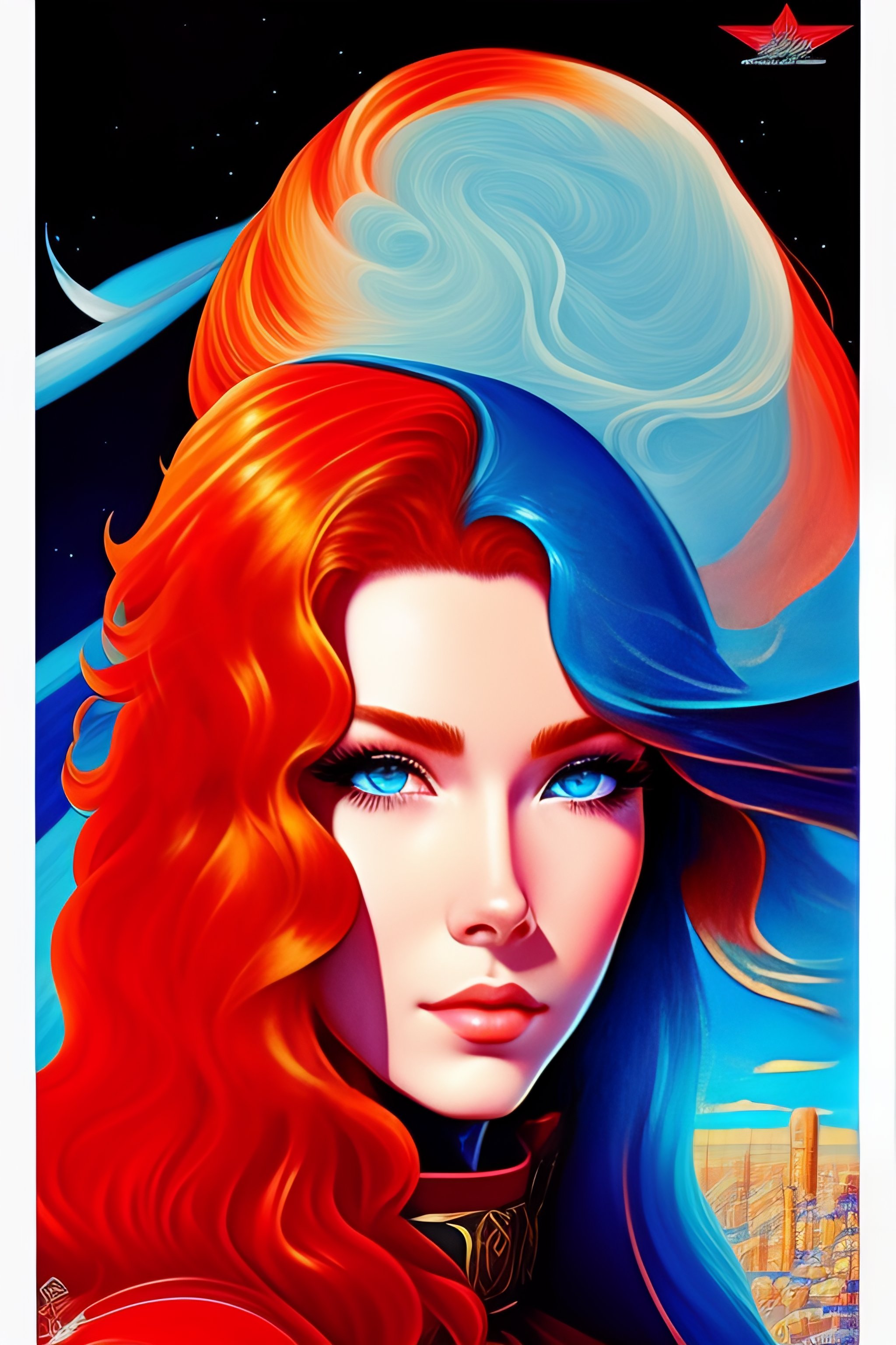 Lexica Blueeyed, longhaired redhead model in the style of 90's