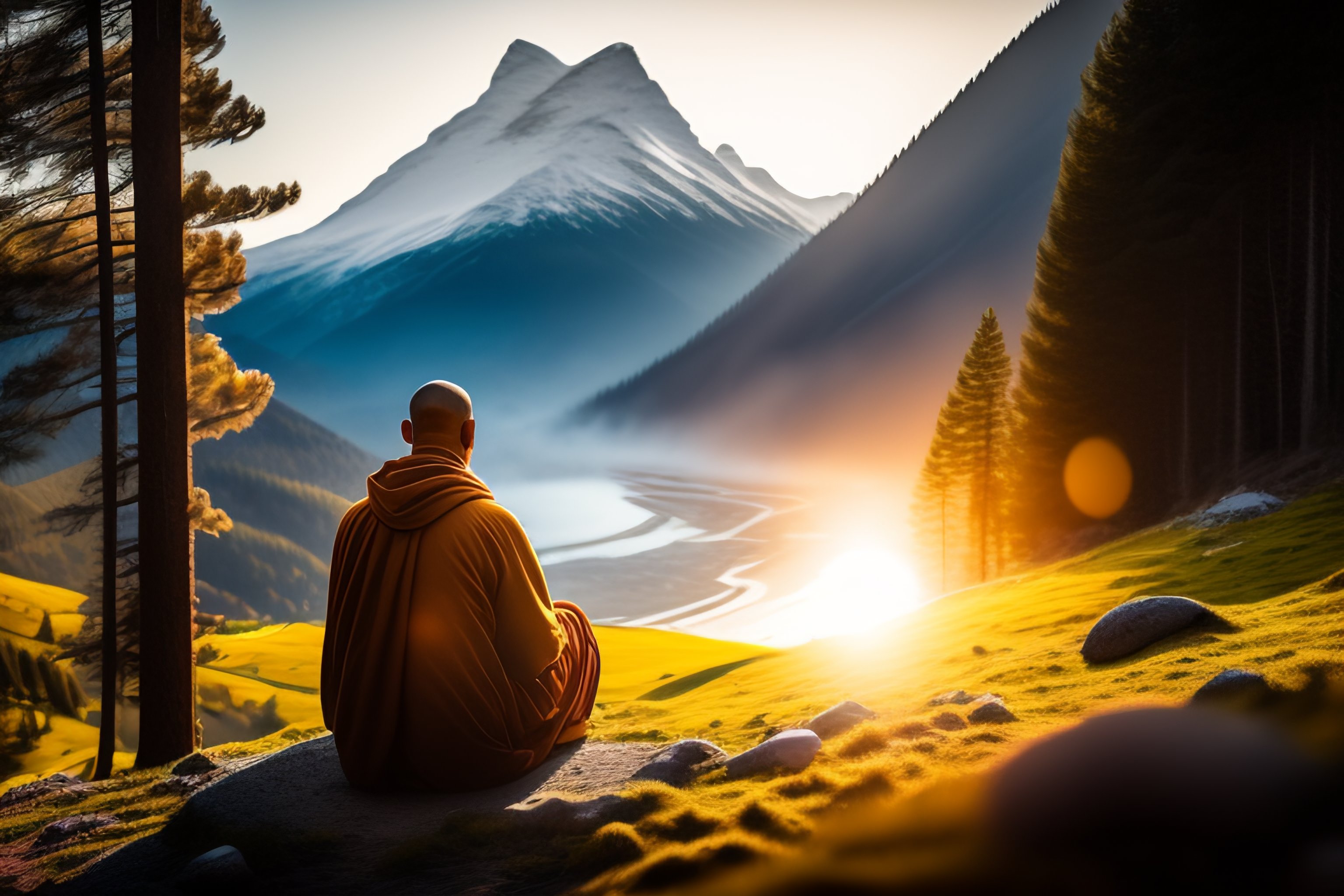 Lexica - Monk meditation, sun, mountatins
