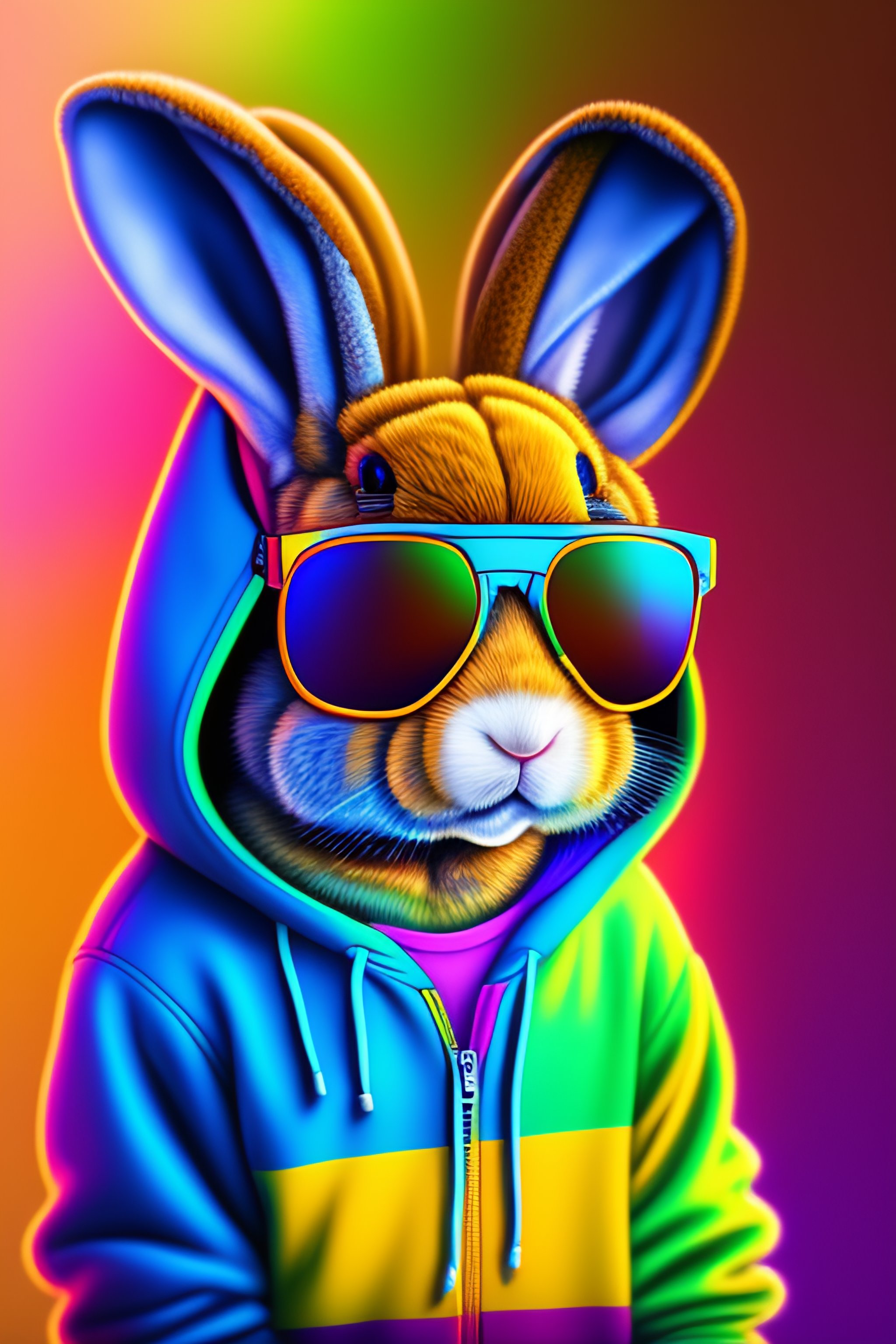 Lexica - A stuffed rabbit wearing a colorful hoodie and sunglasses, hip ...