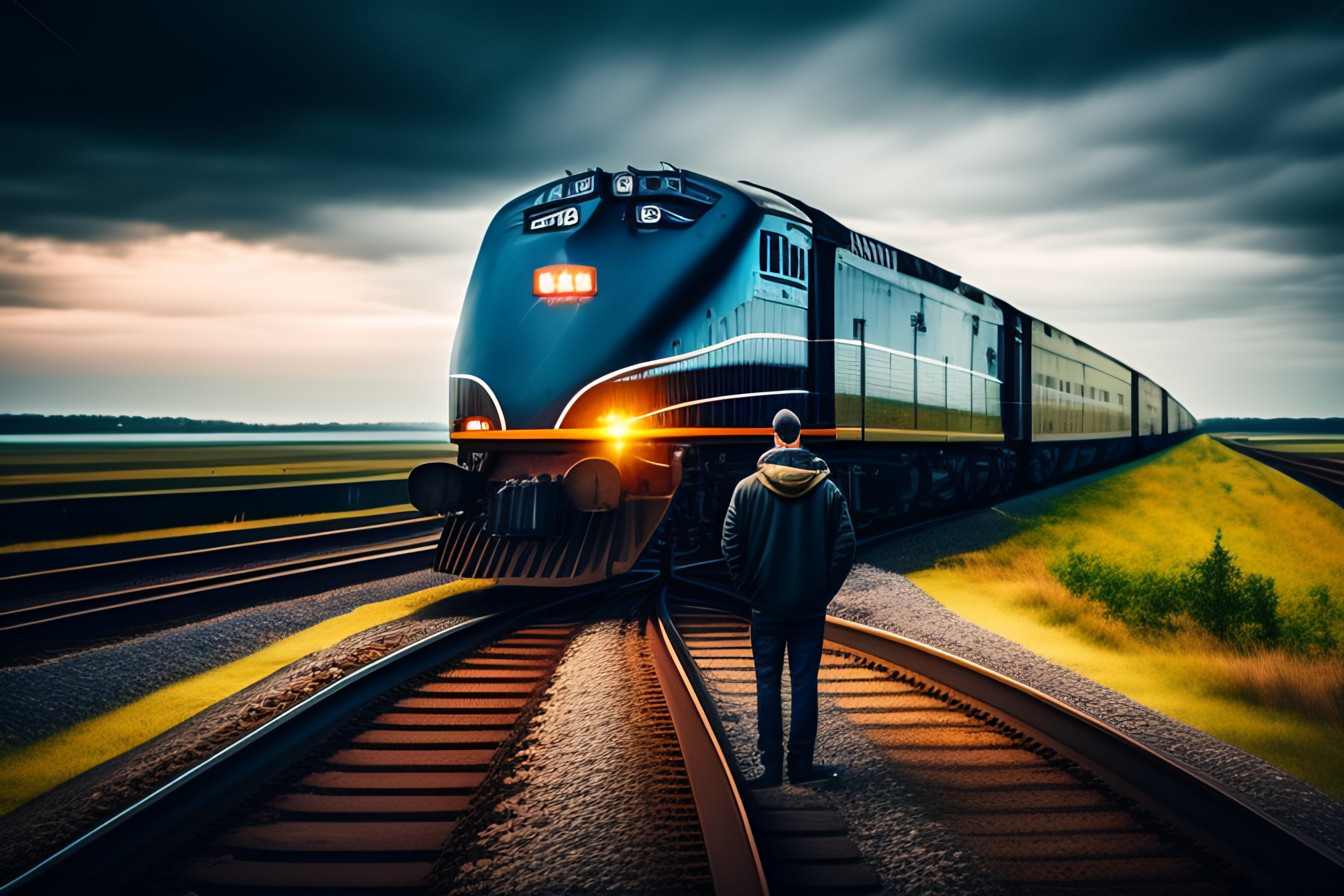 Lexica Man Standing On Train Track With A Train In Front Of Him