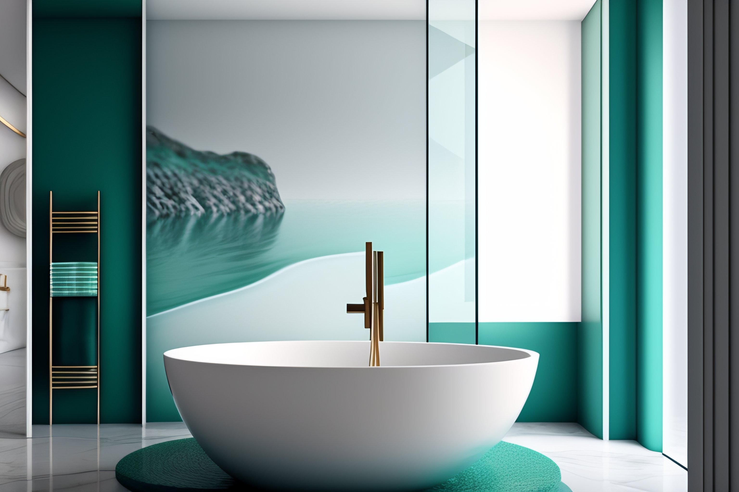 Lexica - Bathroom tiles in aqua stone imitation, bathtub by the window