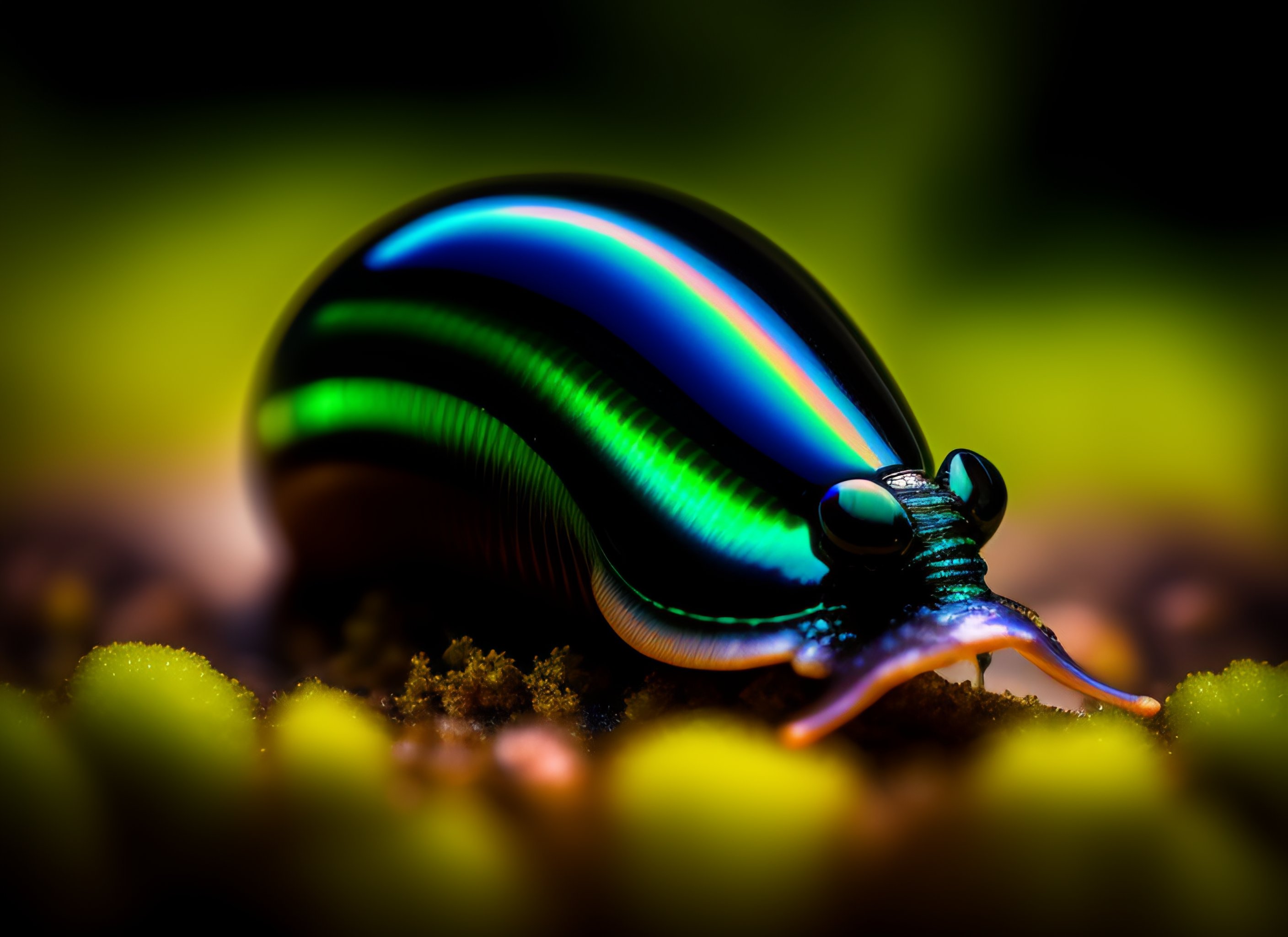 Lexica A photograph of a glossy iridescent black snail, eye stalks, thin stalks, swirling, low