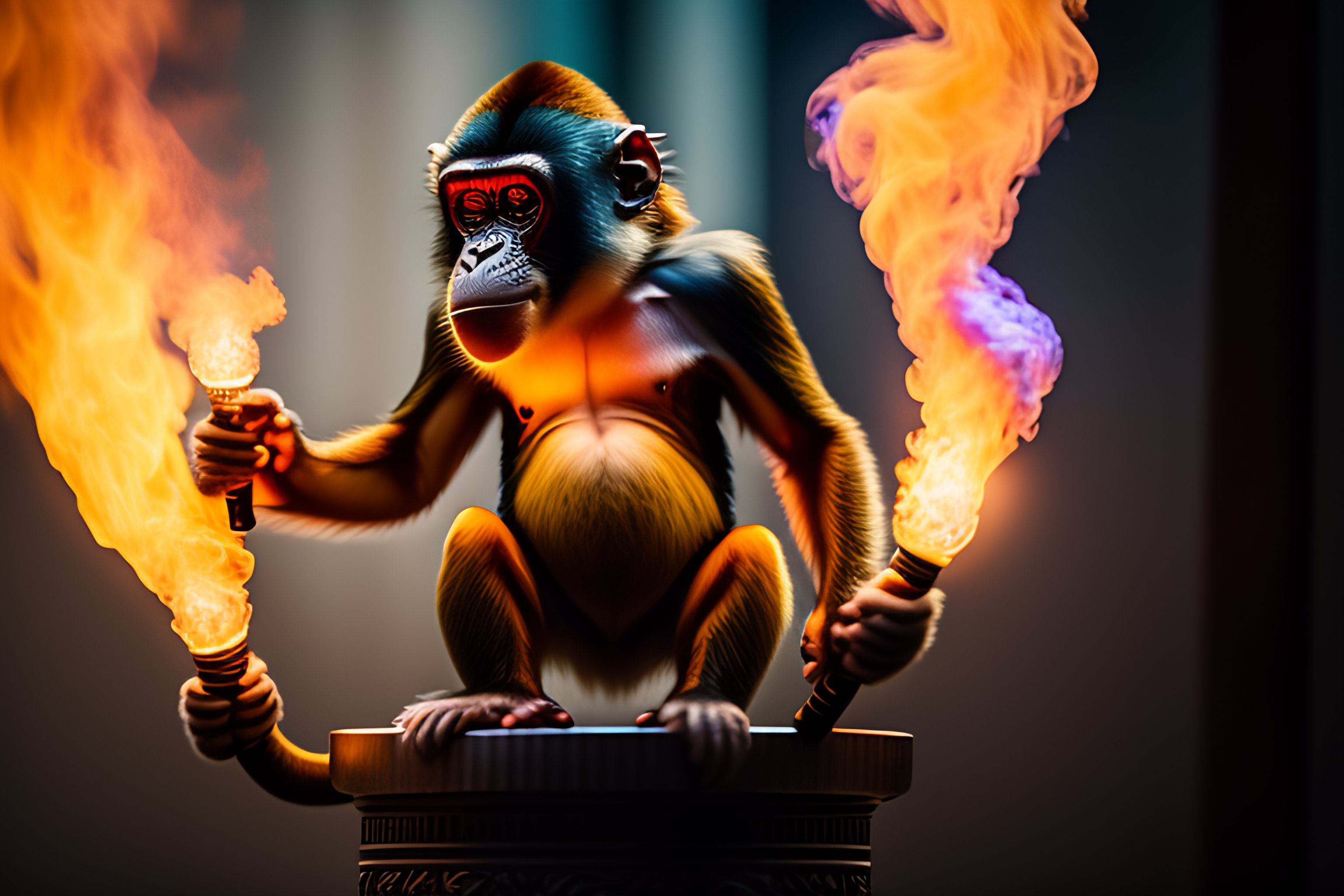 Lexica Photograph of a monkey juggling flaming torches while standing