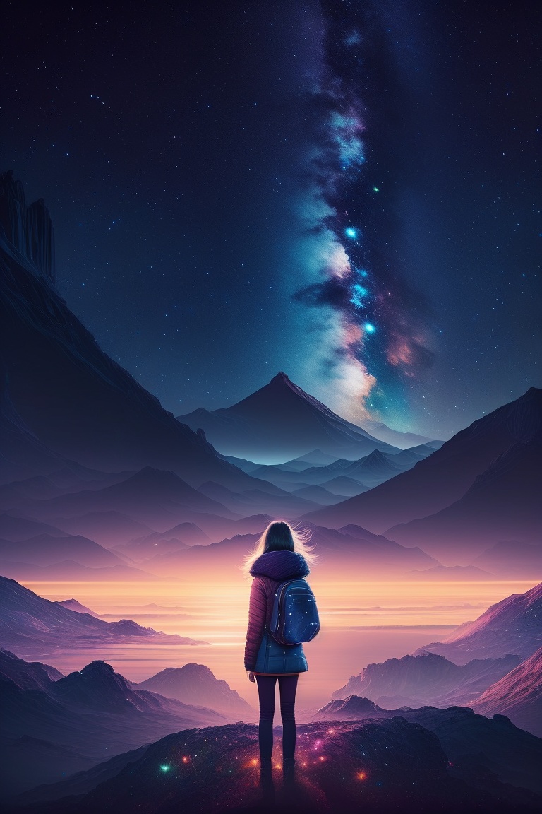Lexica - A girl alone on a planet with stars behind him at night in the ...