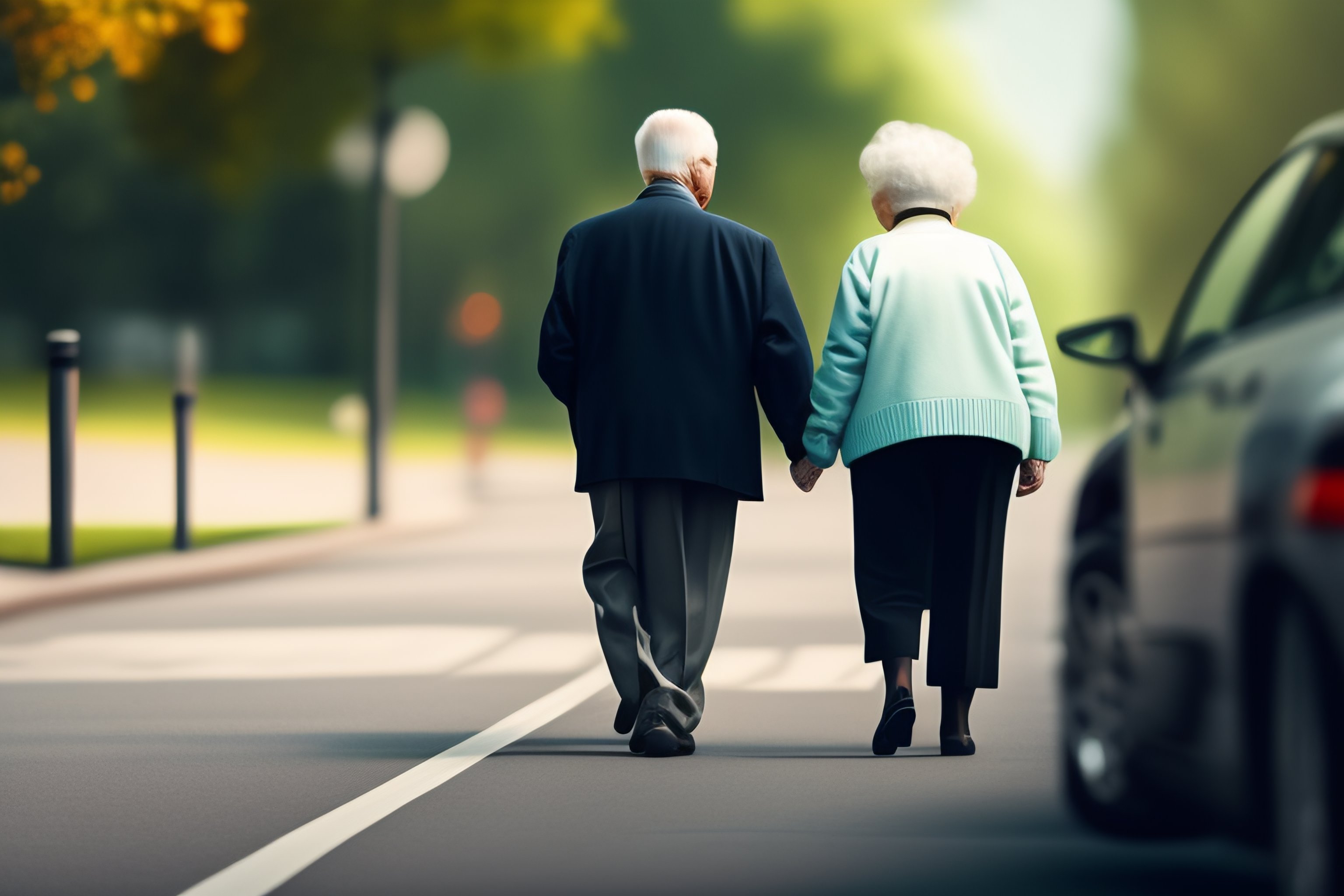 Lexica A person helping an elderly person cross the street, holding