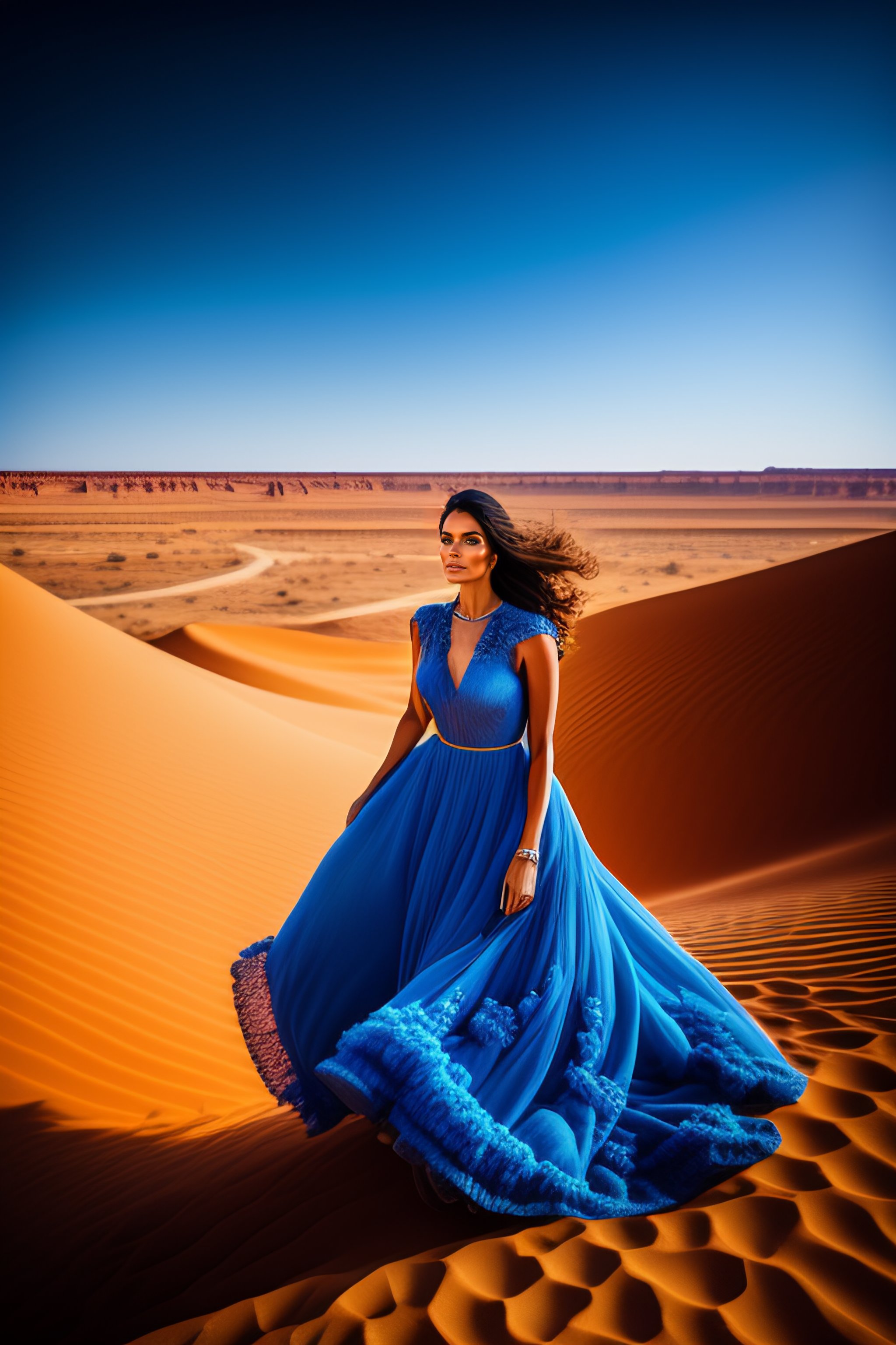 Lexica - A photography high detailed with a woman in a blue dress in a  desert