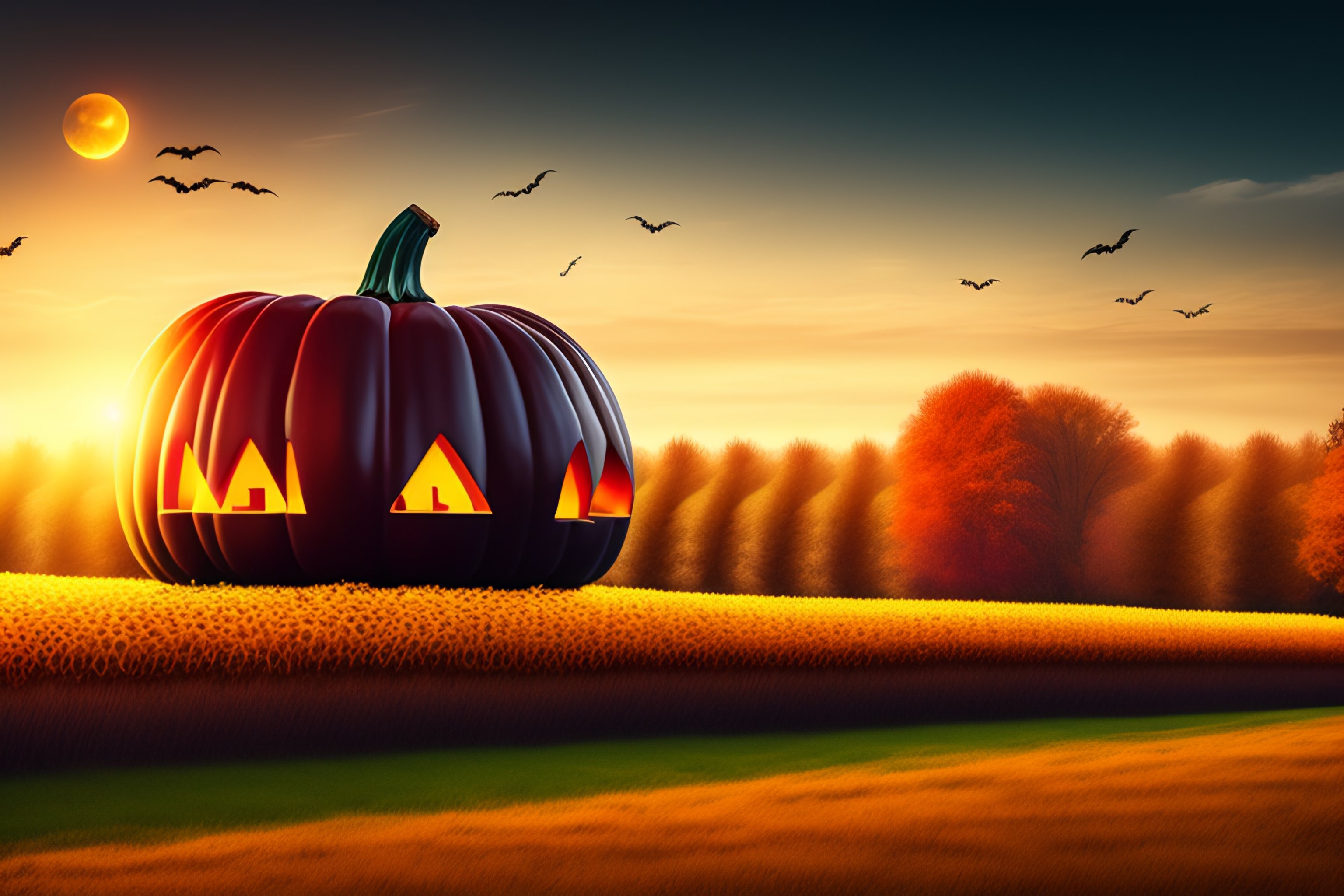 Lexica - Idyllic autumn scene with field of pumpkins in grass on sunny ...