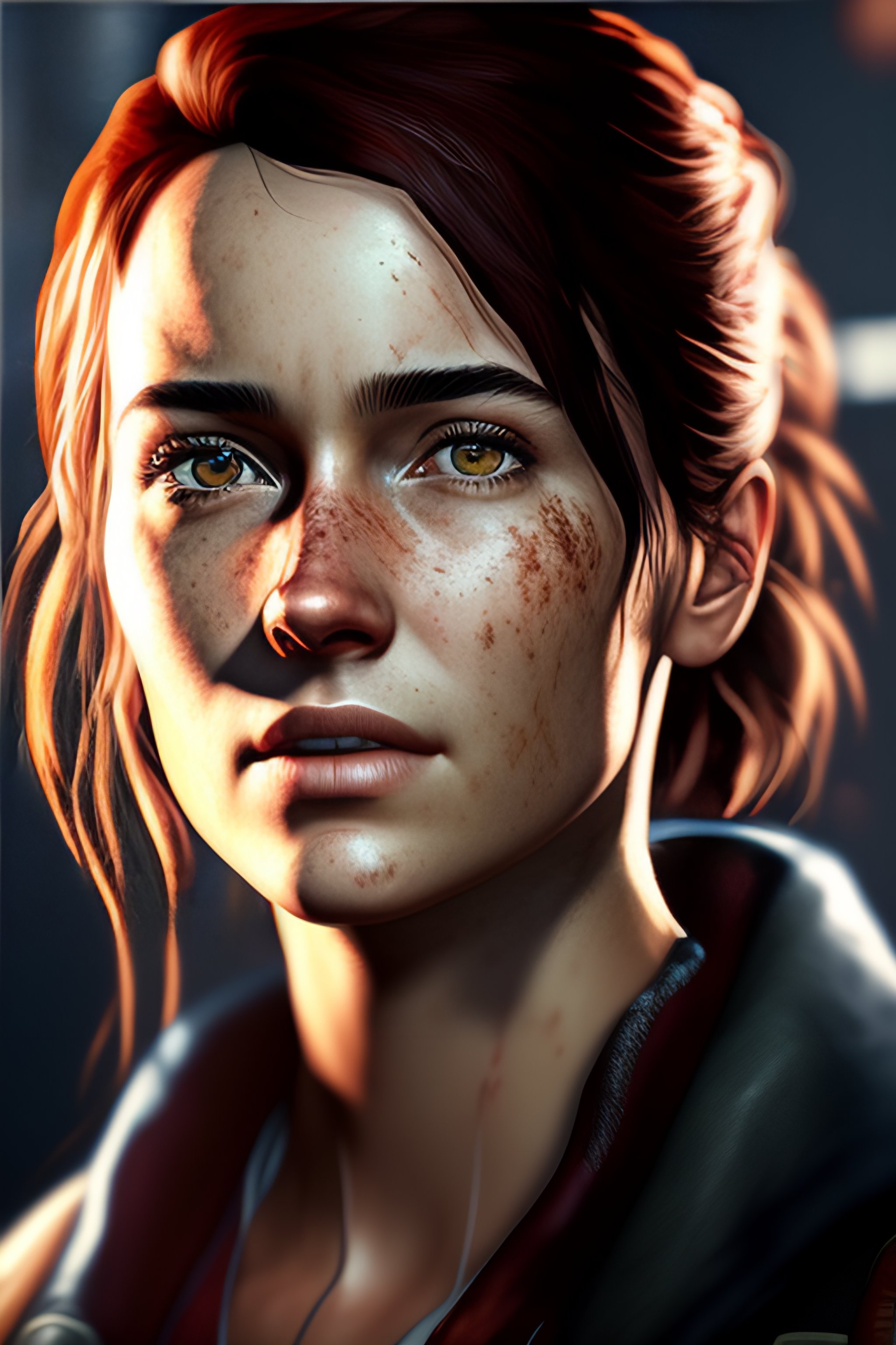 Lexica - Portrait of adult Ellie from the game The last of us 2, medium  shot looking to the side, raining, traces of rain on her face --ar 16:9  --tes