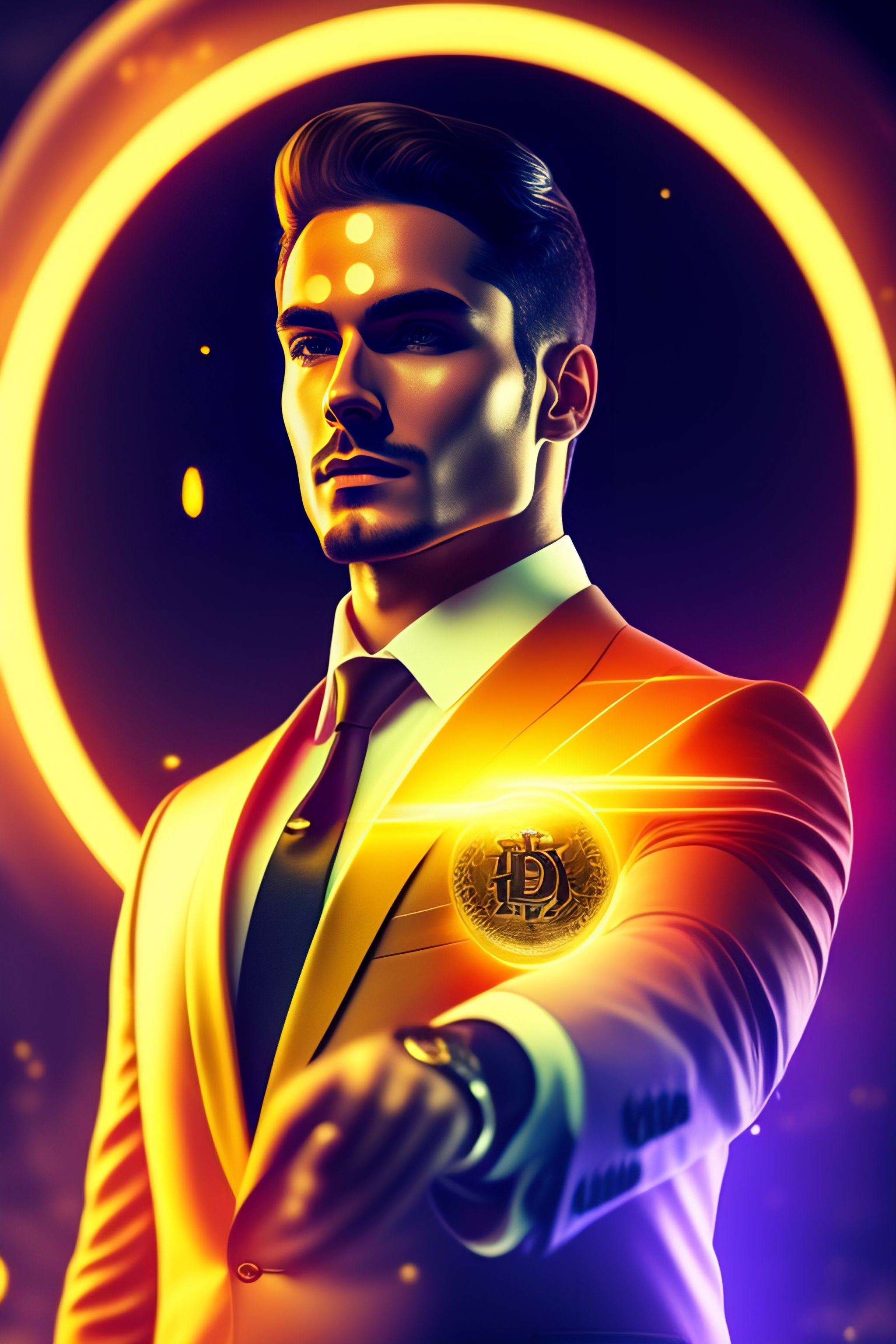 Lexica Man in elegant suit, CC, gold watch on left hand, with laser