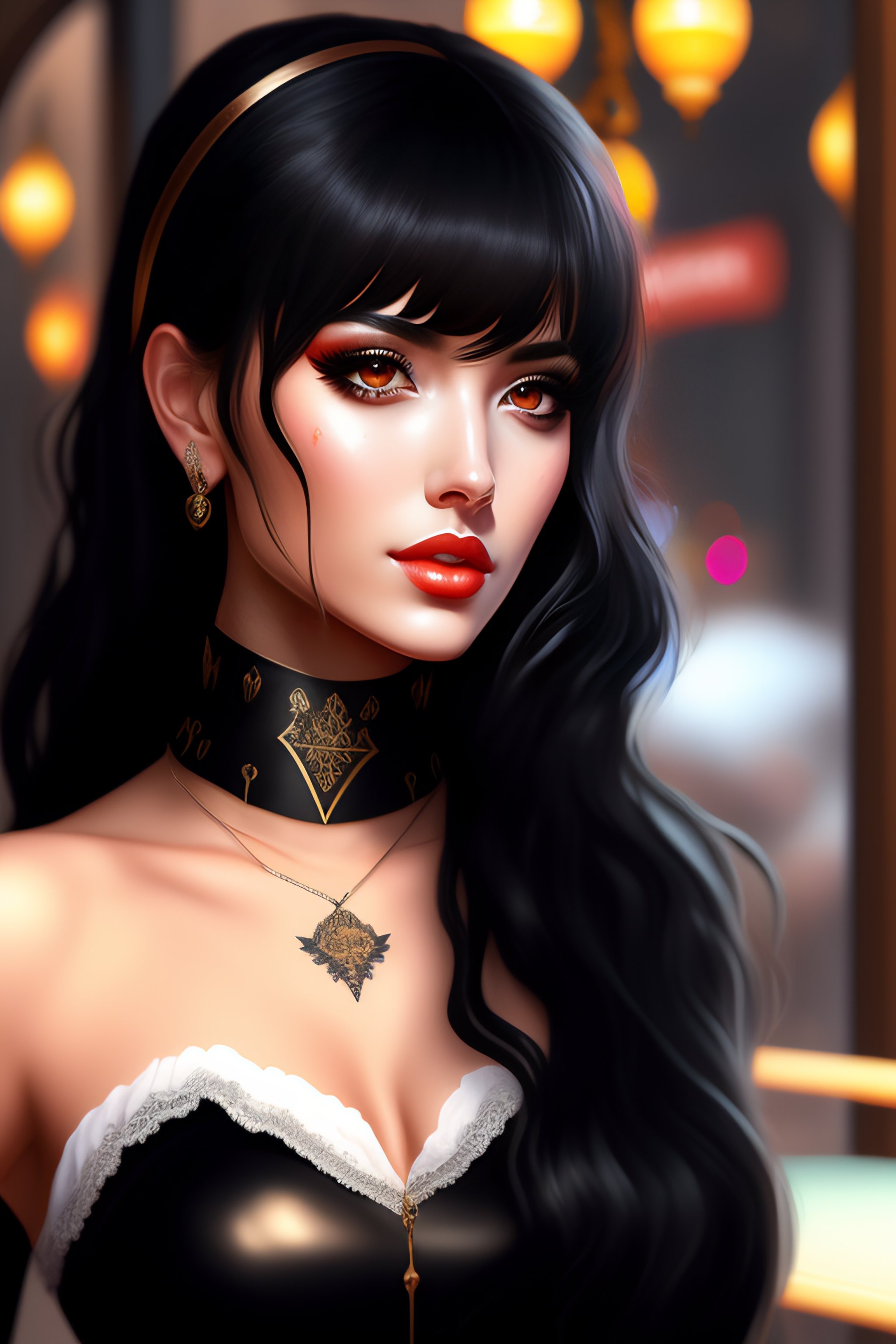 Lexica Gothic egirl, Fully body, Black hair, Bangs, In a cafe, High