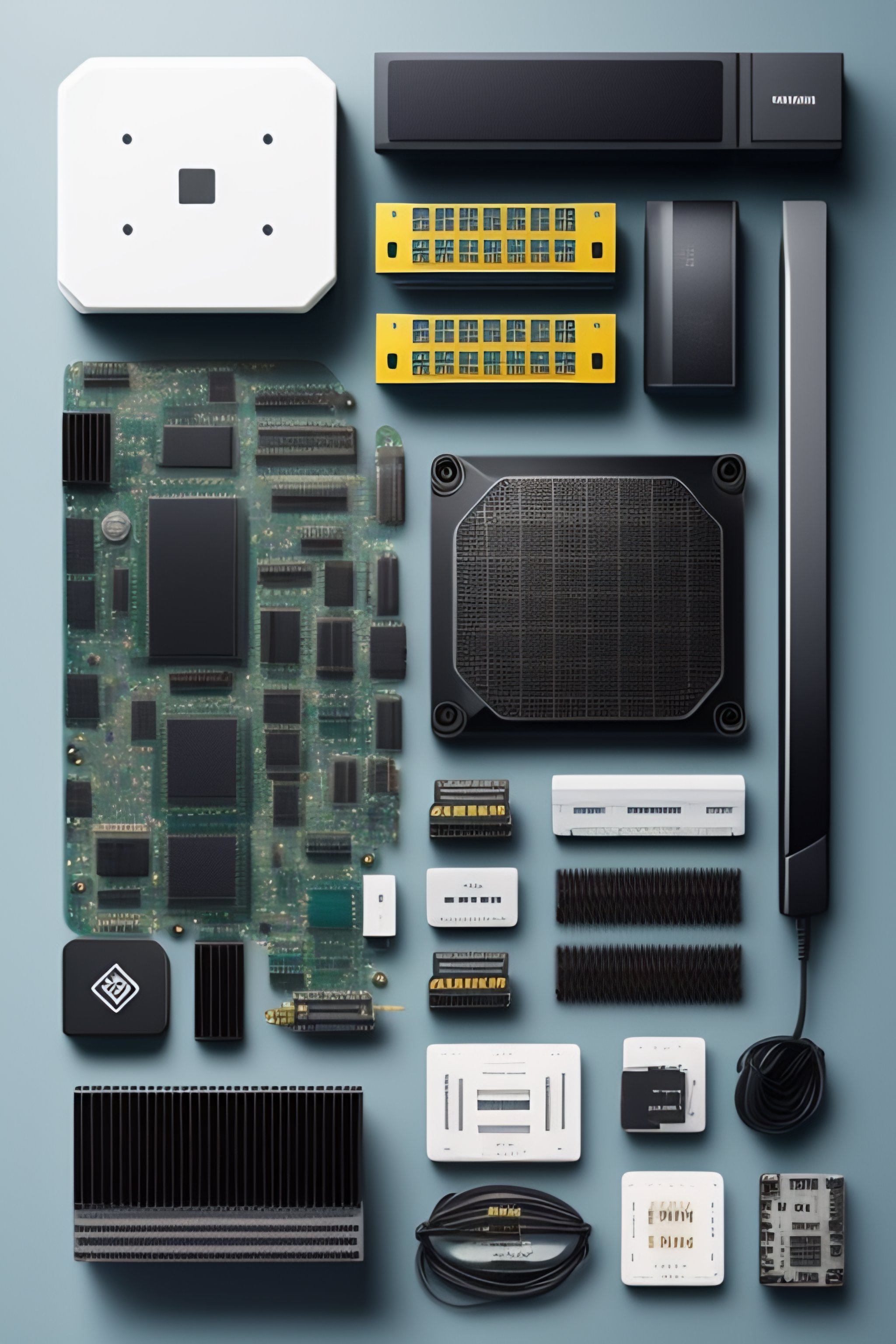 Lexica - Knolling, flat lay, computer parts, harddrive