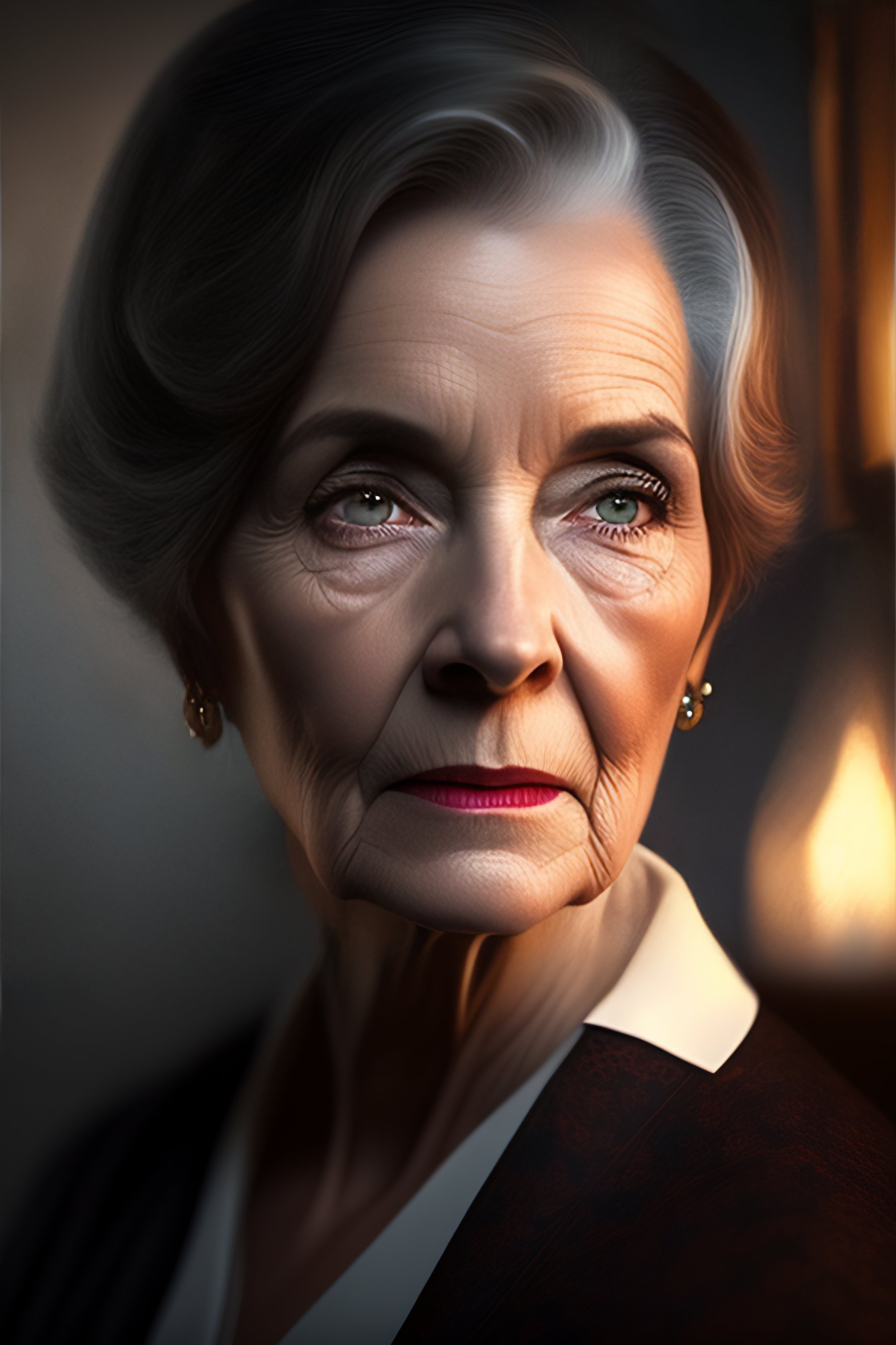 Lexica Woman in dark house, 100 years old, short hair, serious