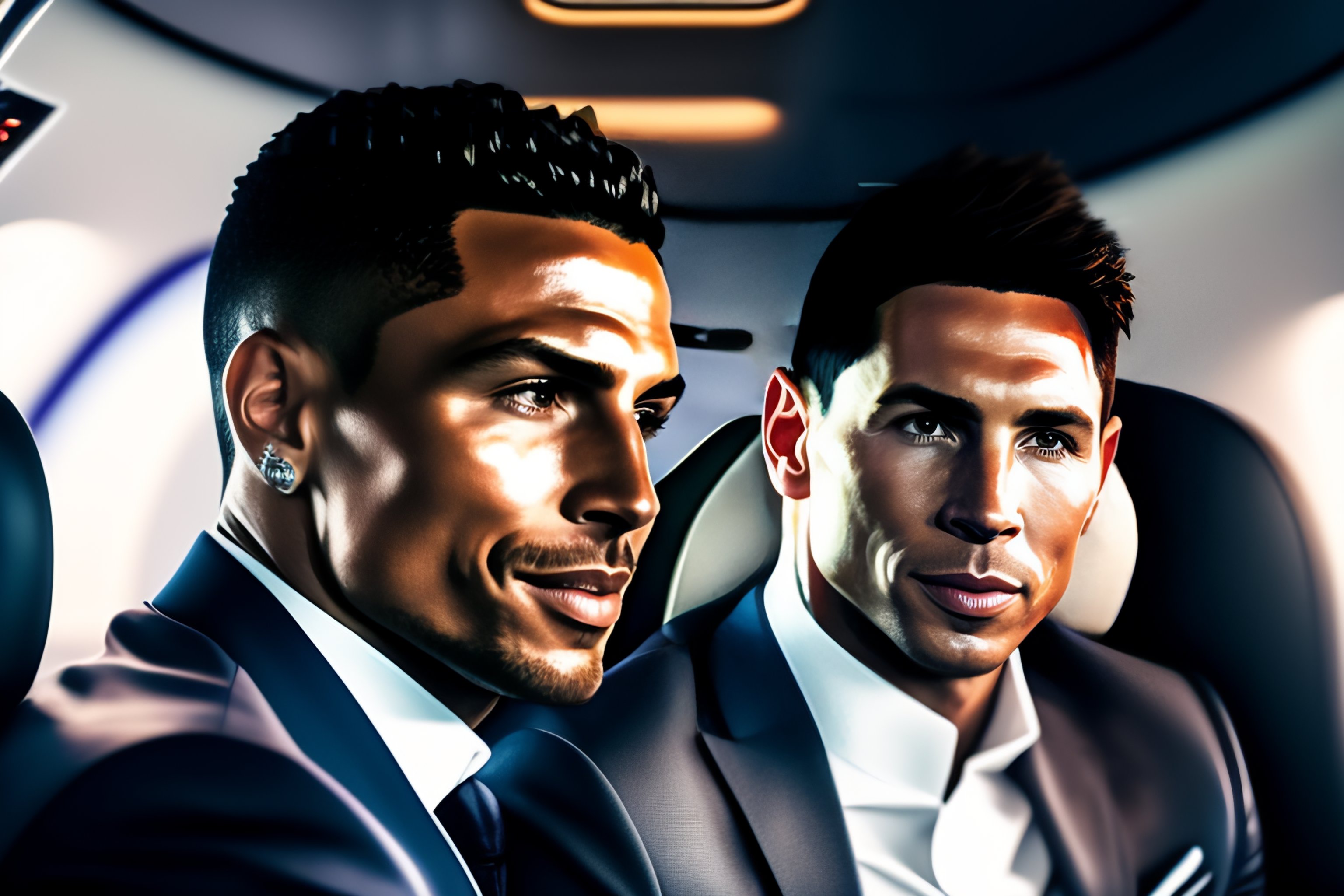 Lexica - 8k realistic shot of c-ronaldo and lionel messi, sitting in a ...