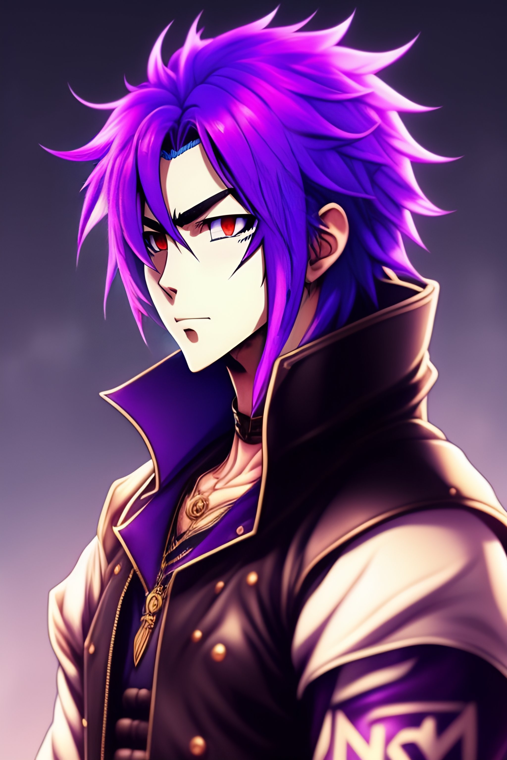 Lexica Purple hair anime guy, badass, no expression, no emotion, no