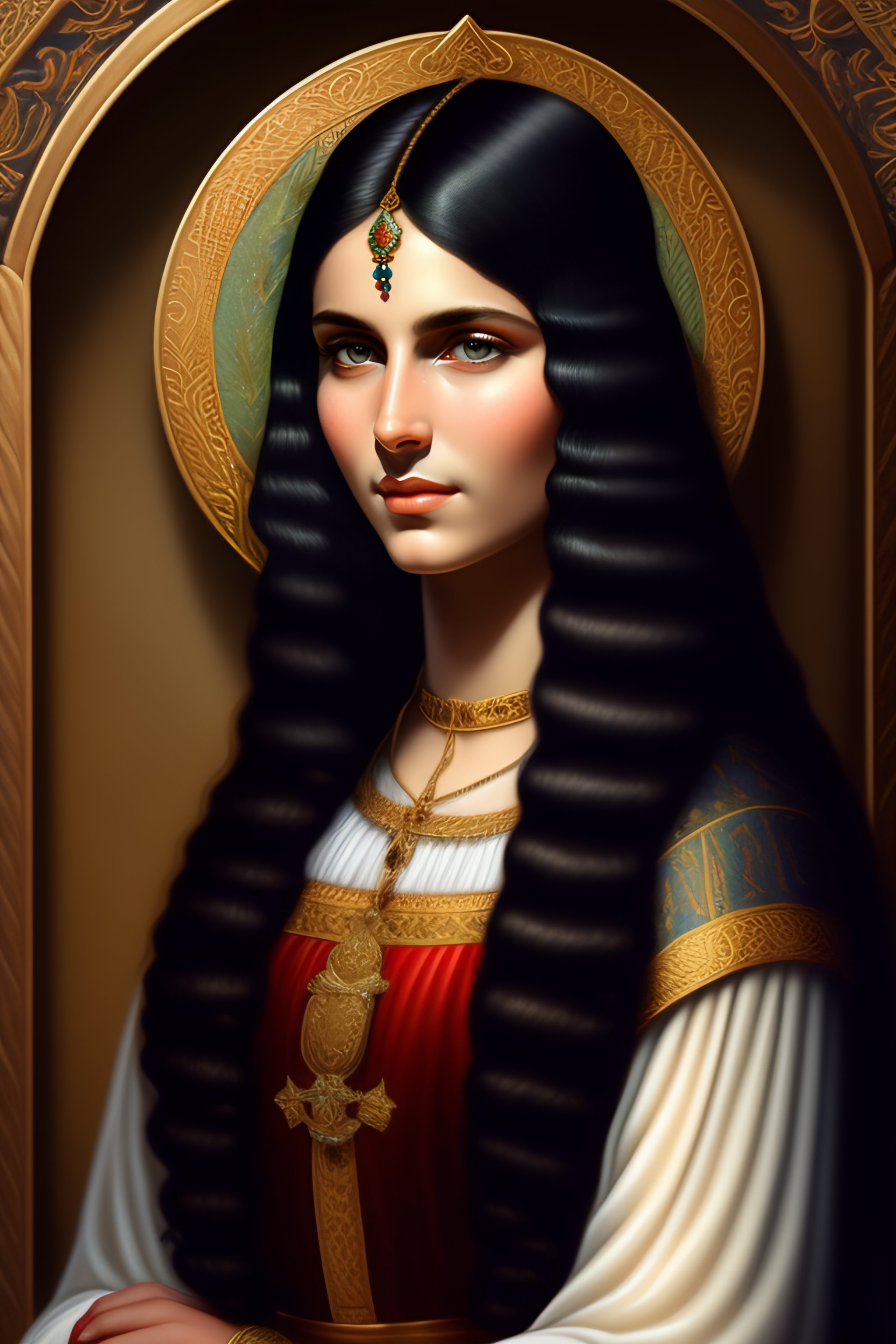 Lexica - Sai Bennett with long dark hair in medieval style, detailed