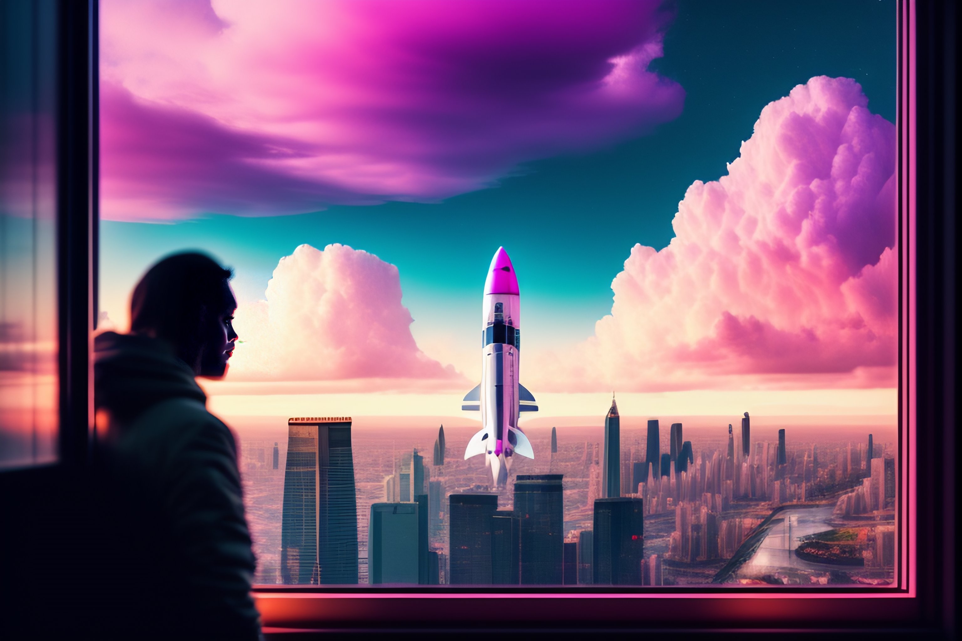 Lexica Skyline window rainy space city pink clouds