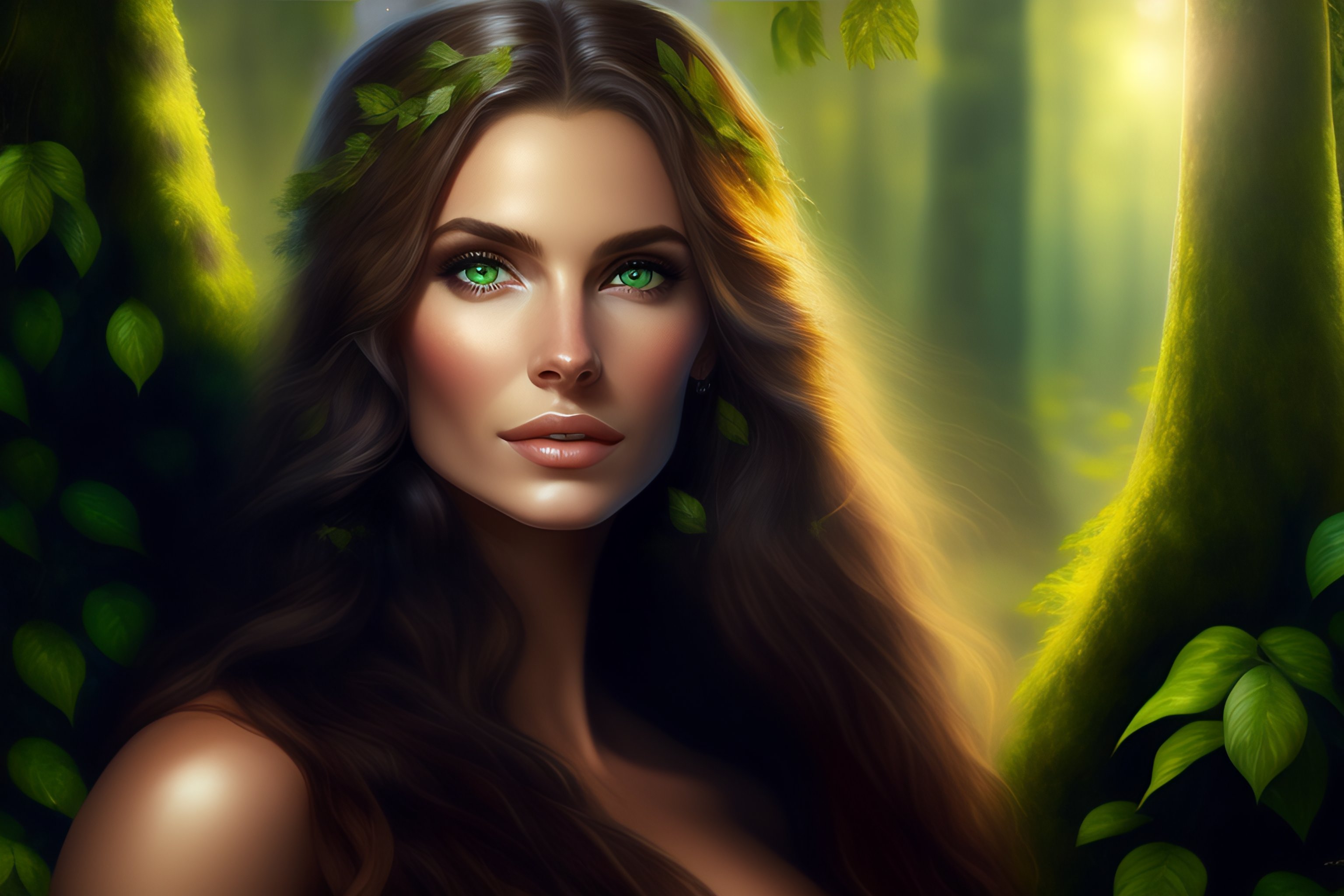 Lexica - Woman elf, long brown hair, deep green eyes, climbing a tree,  leaves in foreground, moonlight, stars, hyperrealistic