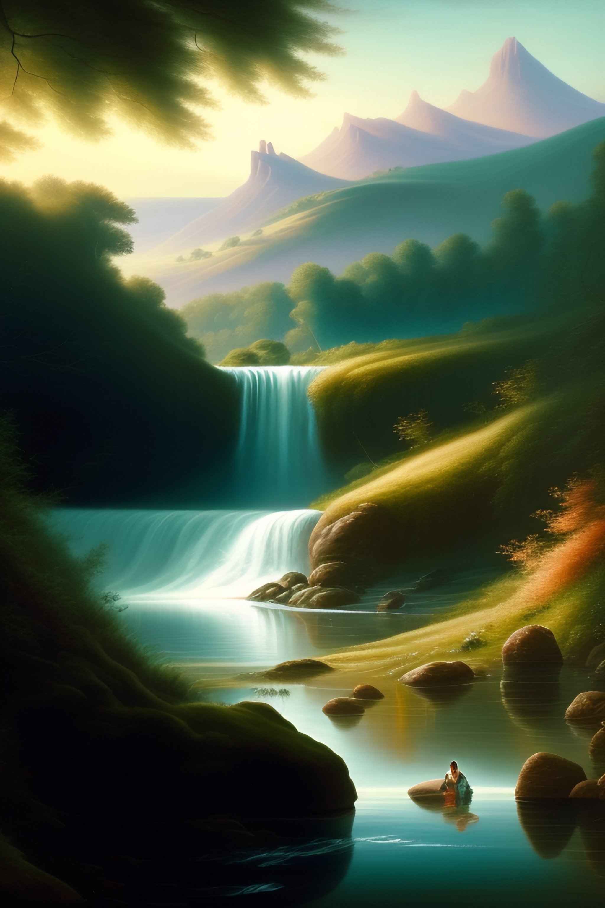 Lexica - A young girl with her feet in the water of a stream, looking ...