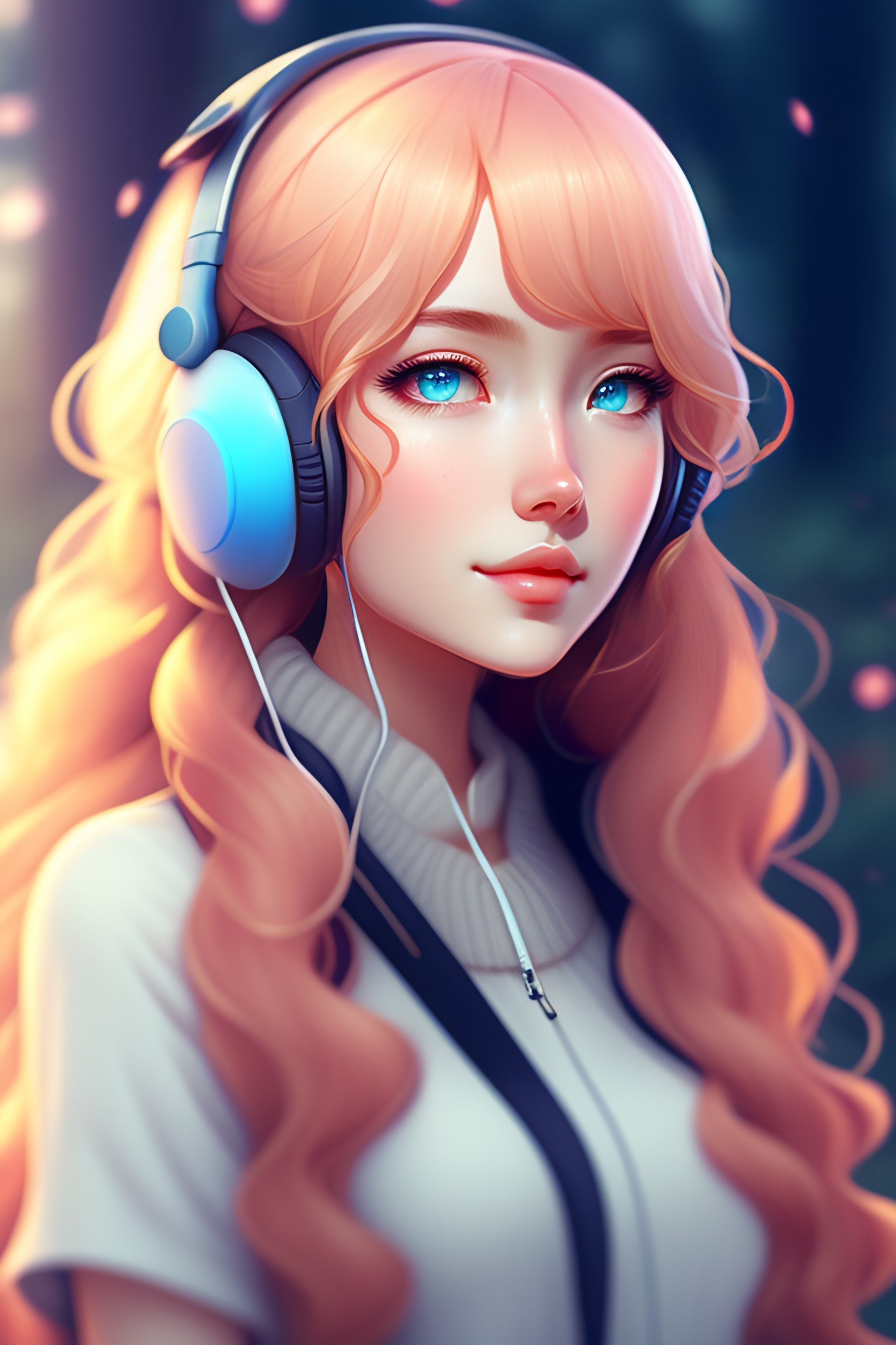 Kawaii Anime Girl Listening to Music · Creative Fabrica