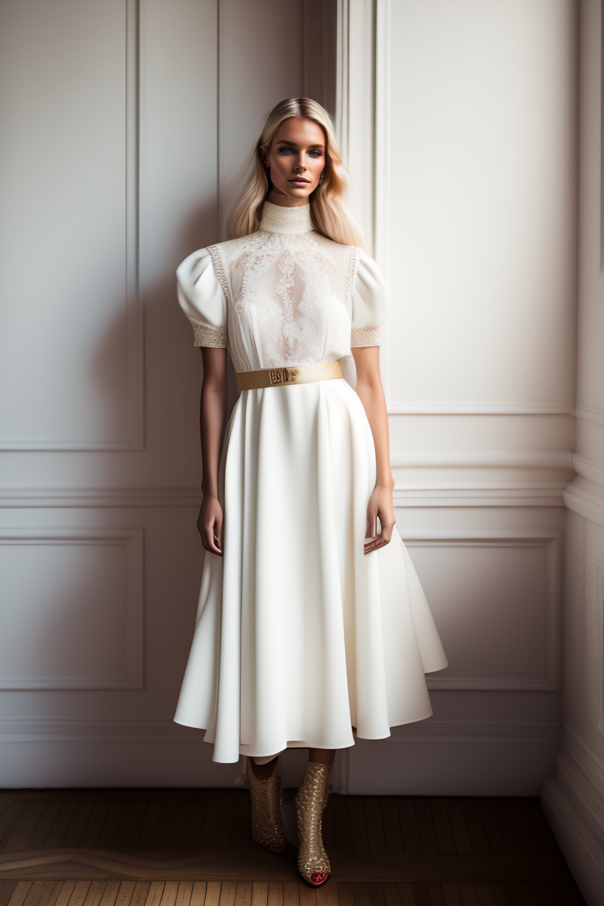 Lexica - Blond fashion model wearing a short wedding dress,ivory corded ...