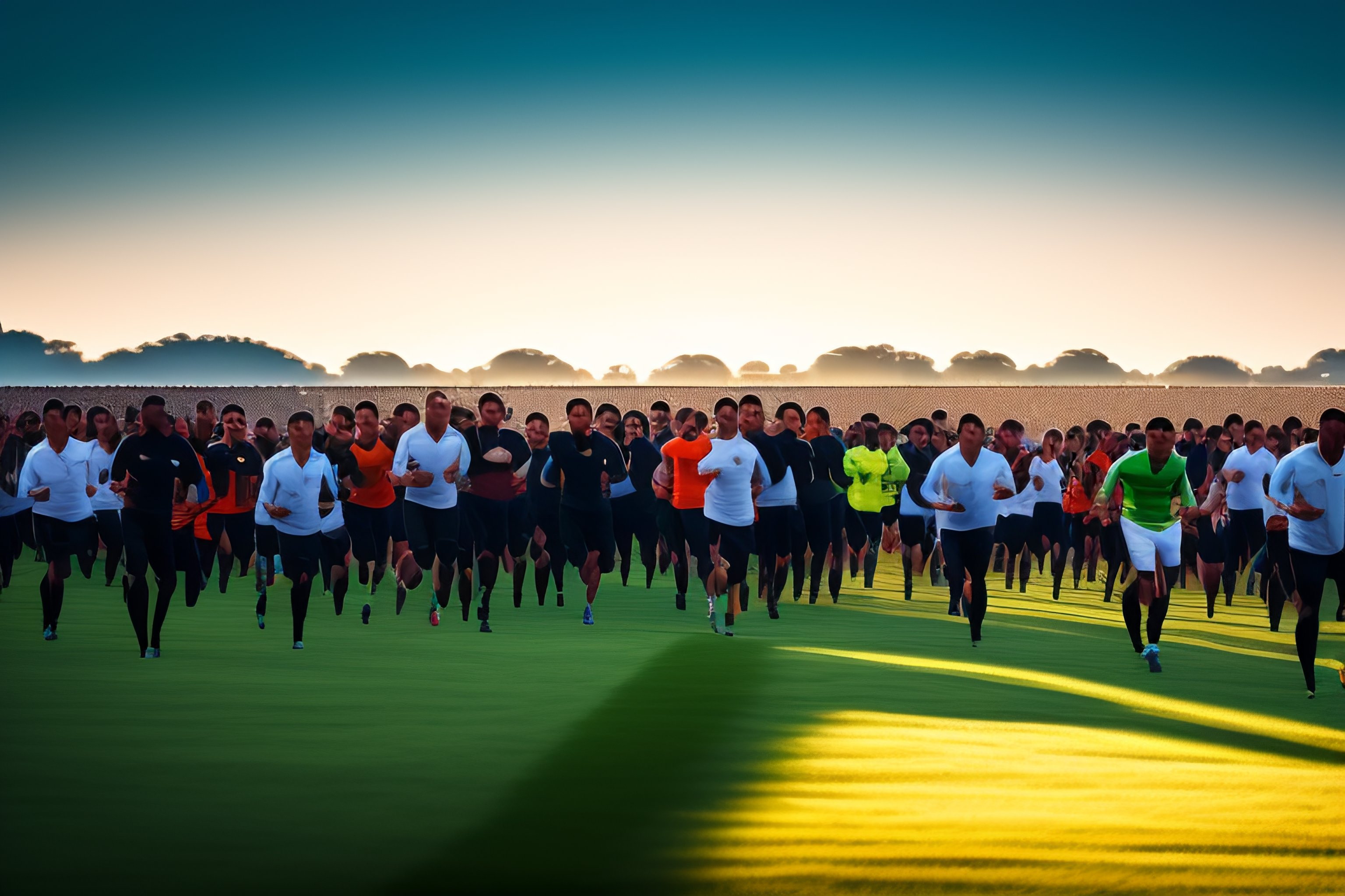 Lexica - Background full of people chasing on grass, front view, clear sky