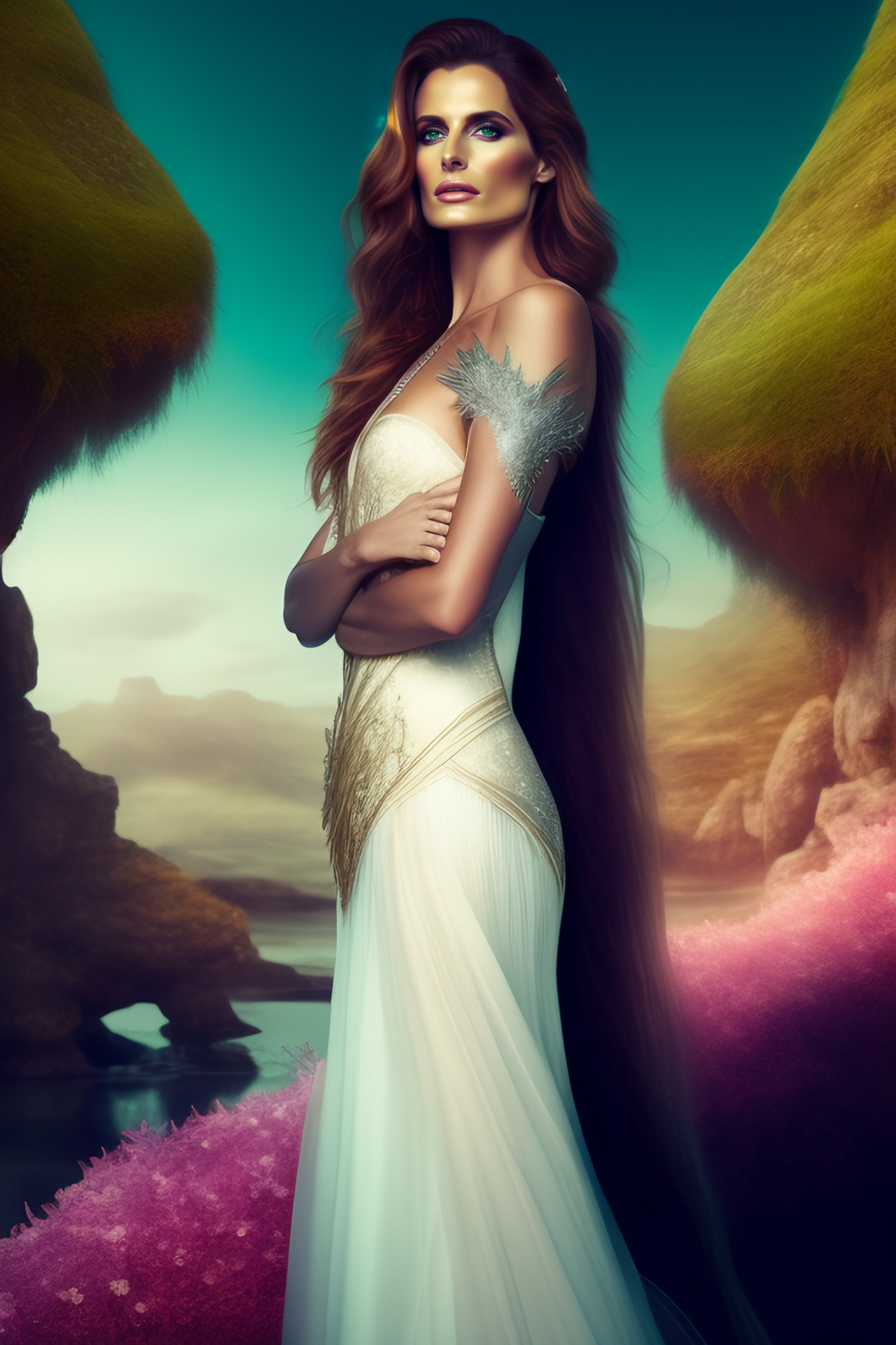 Lexica - Stana Katic, fairy queen, full body portrait, high fantasy style,  6 feet tall, long white hair flowing down her back, green eyes, very pale  ...