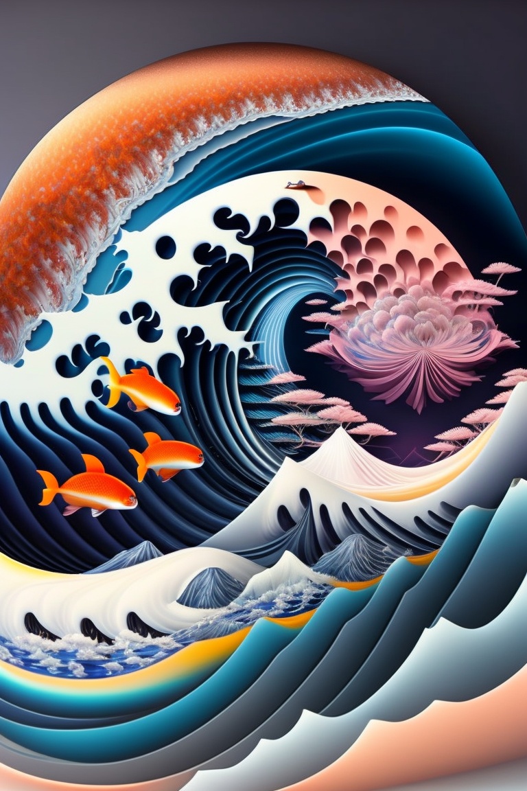 Lexica - Desing for t shirt, The great wave made of koi carps, fractal ...