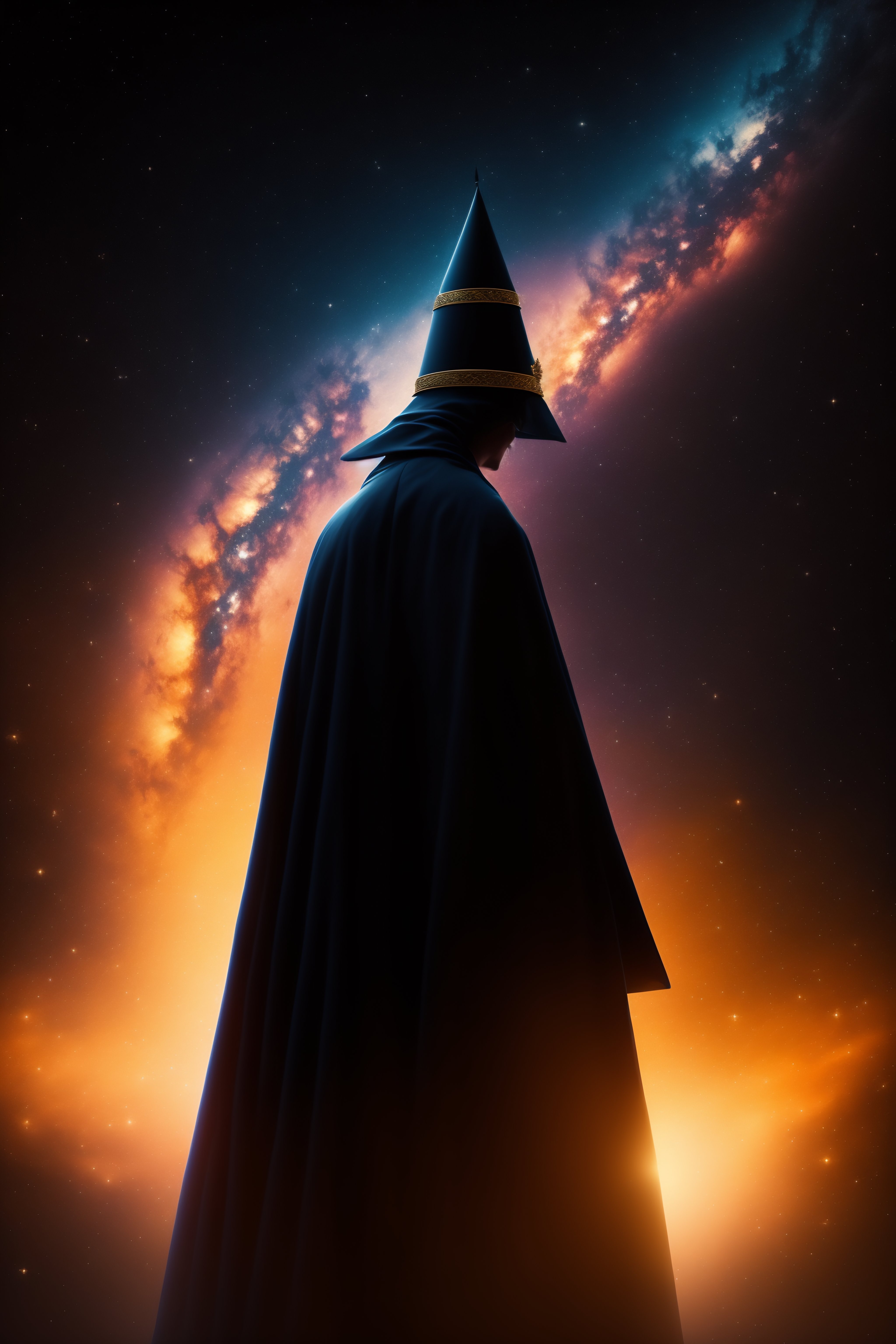 Lexica - Silhouette of a wizard in a robe and pointed hat on a ...