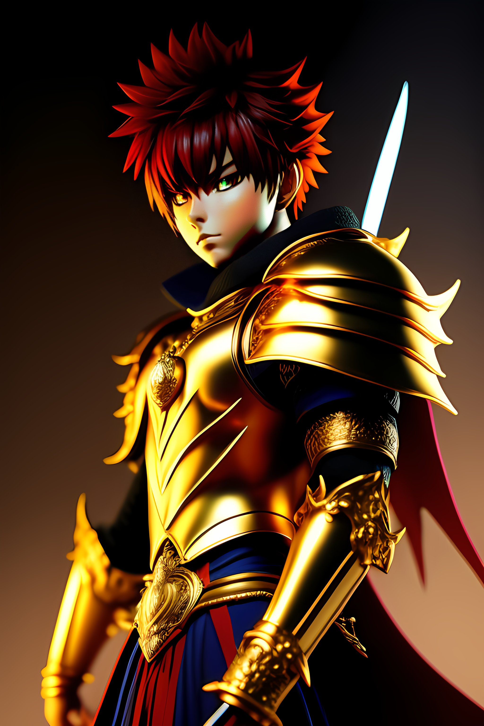 Lexica Dragon warrior. gold plated armour. anime. deathnote style