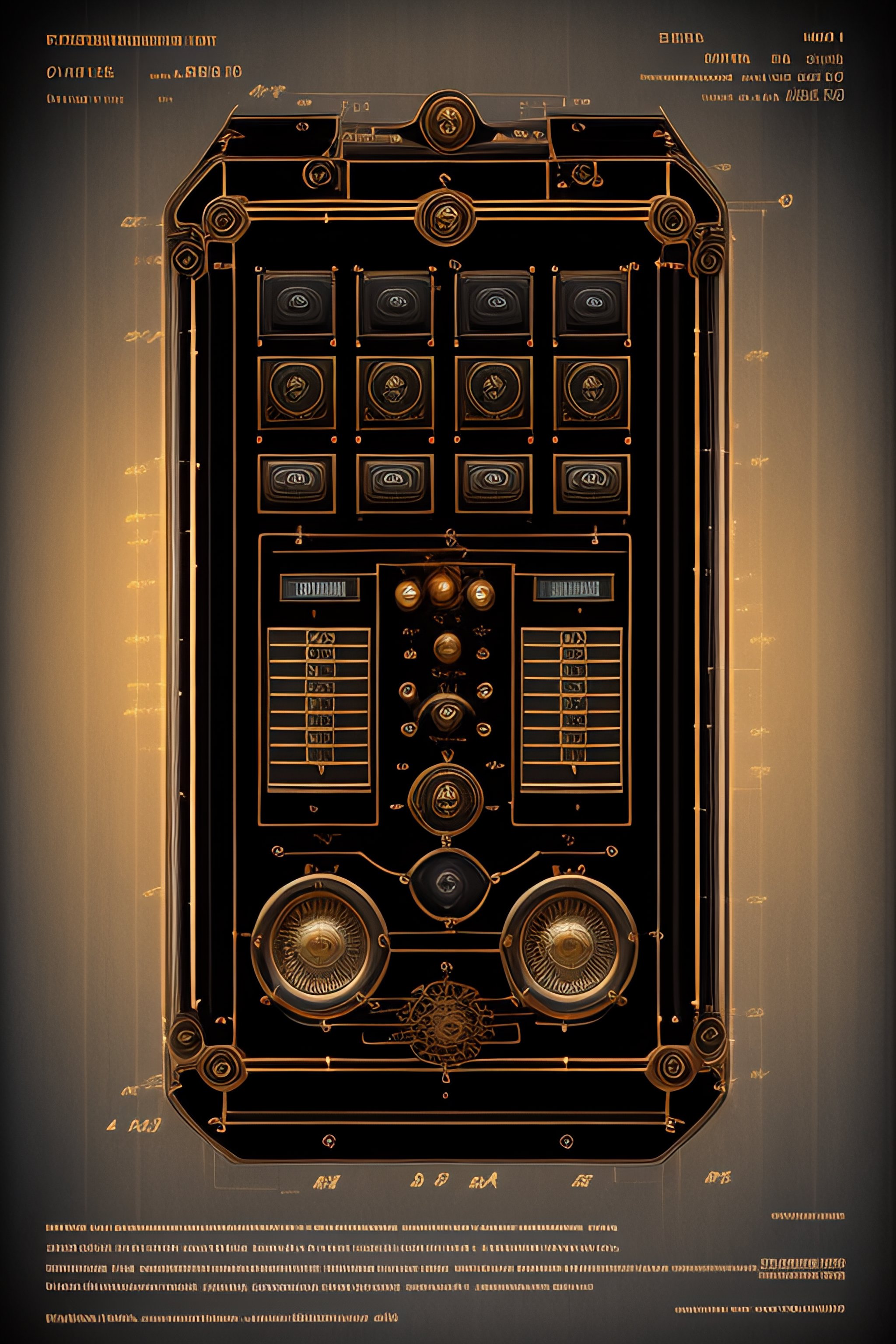 Lexica - Steampunk patent drawing front view of a control panel with ...