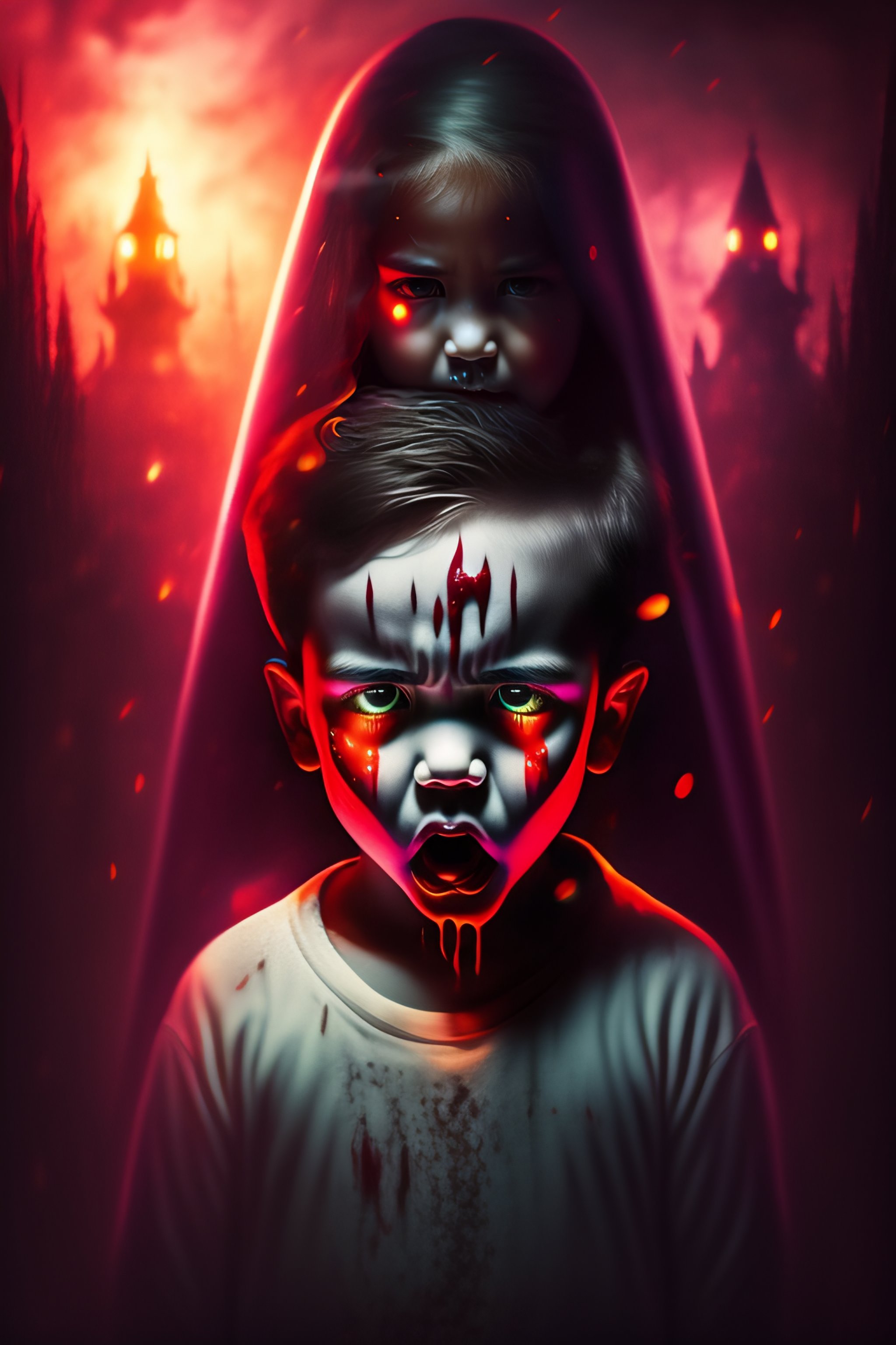 Lexica Creepy ghost with thousand eyes in the faces, full of blood, choking a boy in the