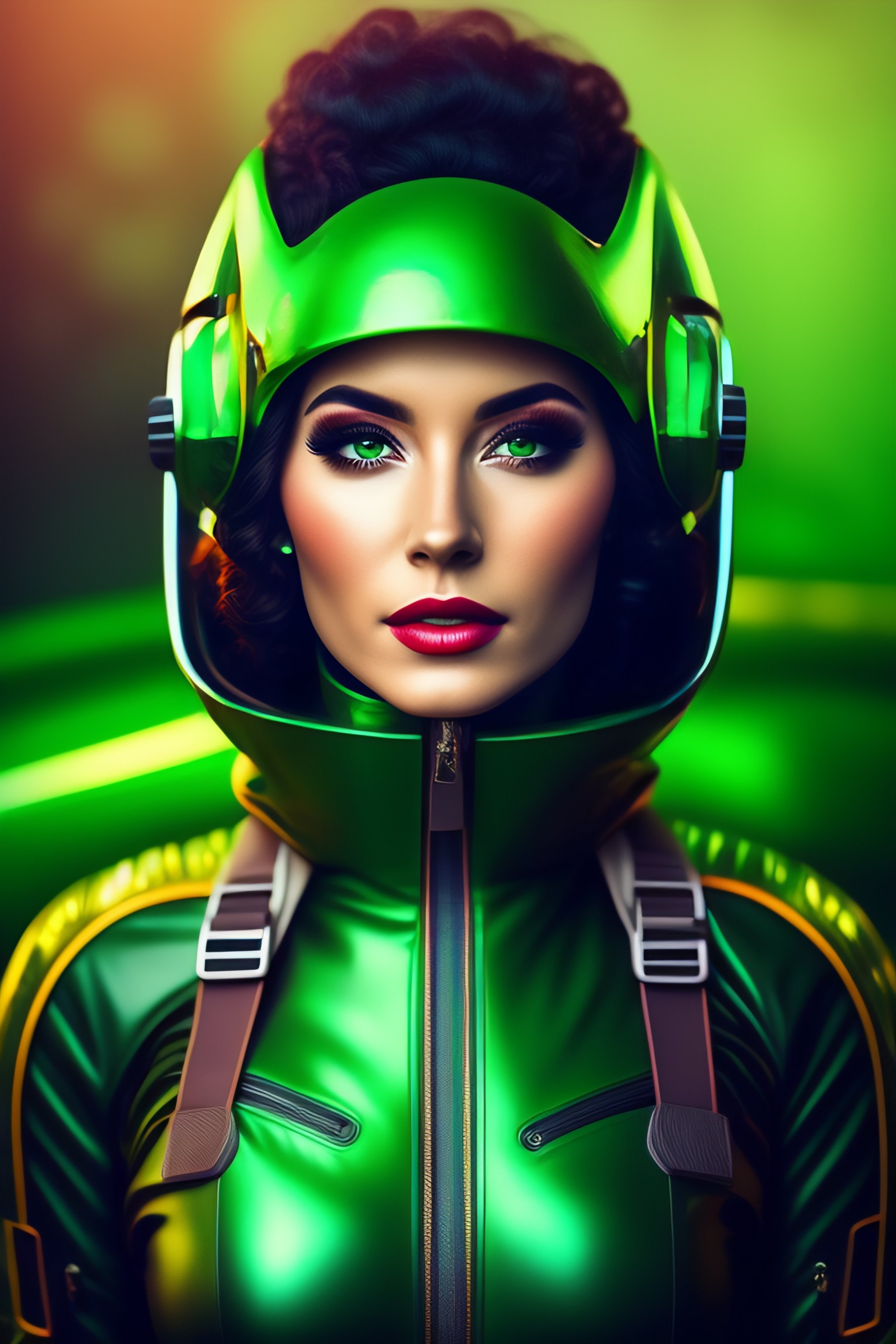 Lexica Young woman in wearing a tight green spacesuit, vintage retro