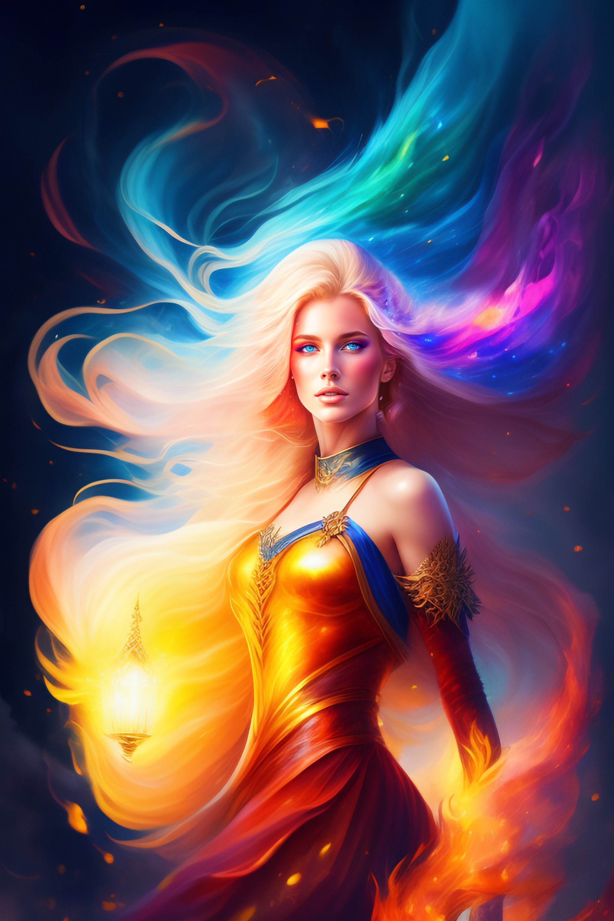 Lexica - Watercolor style, beautiful blond witch fighting deamon ...