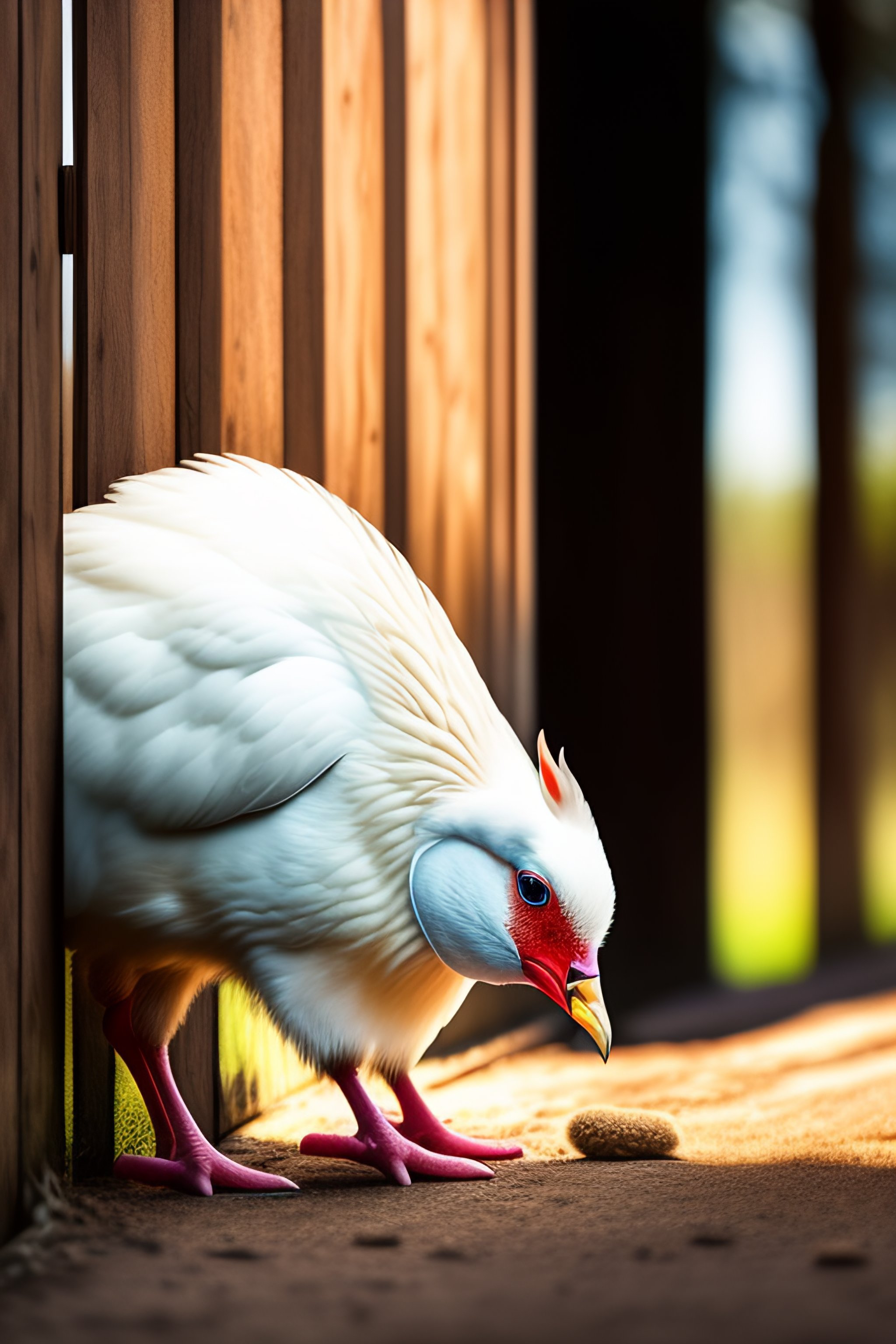 Lexica - A white hen in the barnyard looking for food by pecking at the ...