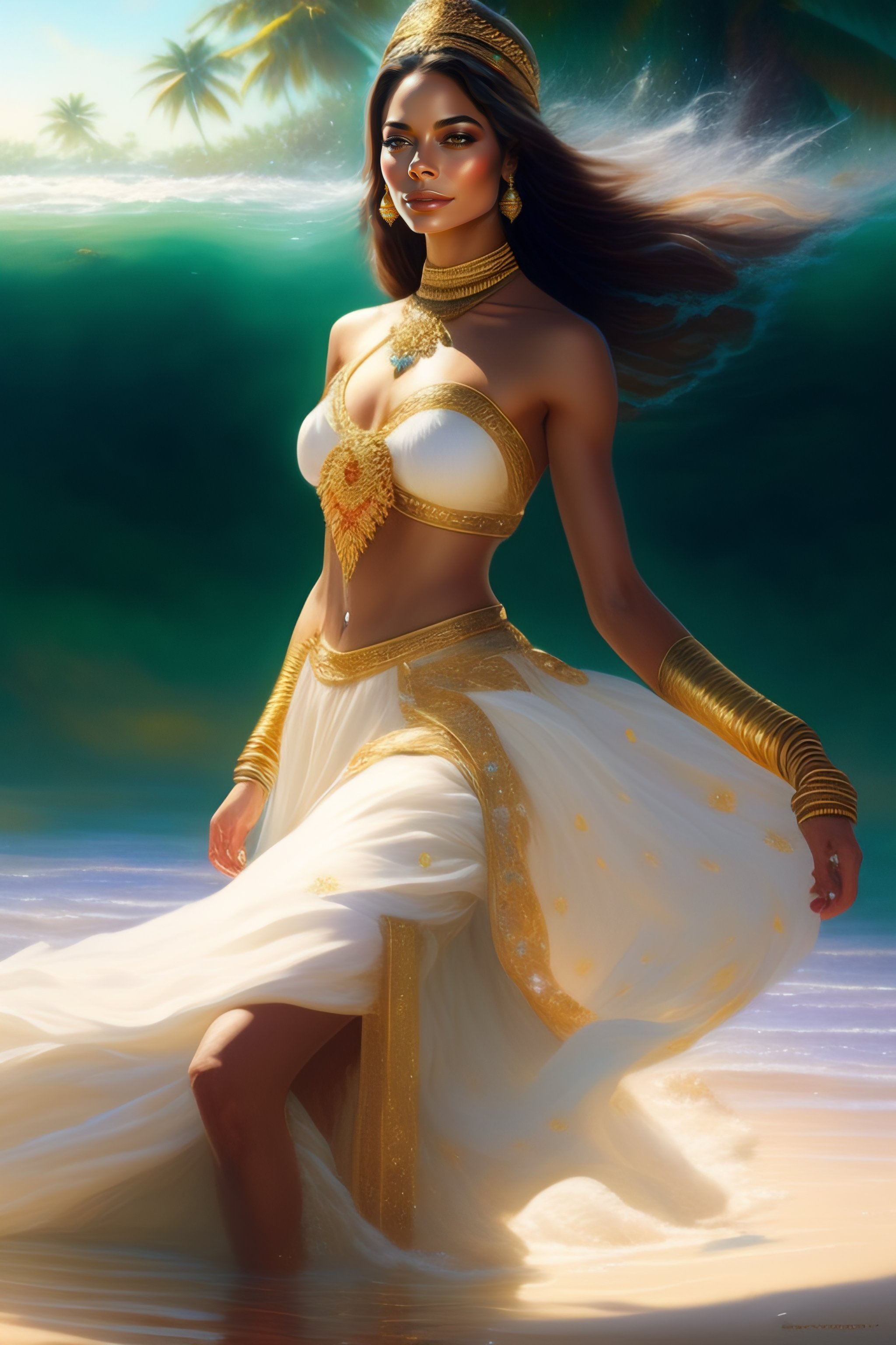 Lexica - Kristin Kreuk Beautiful arabian princess wearing white clothes and  gold jewels dancing in water on tropical beach with greeneries and colorf...