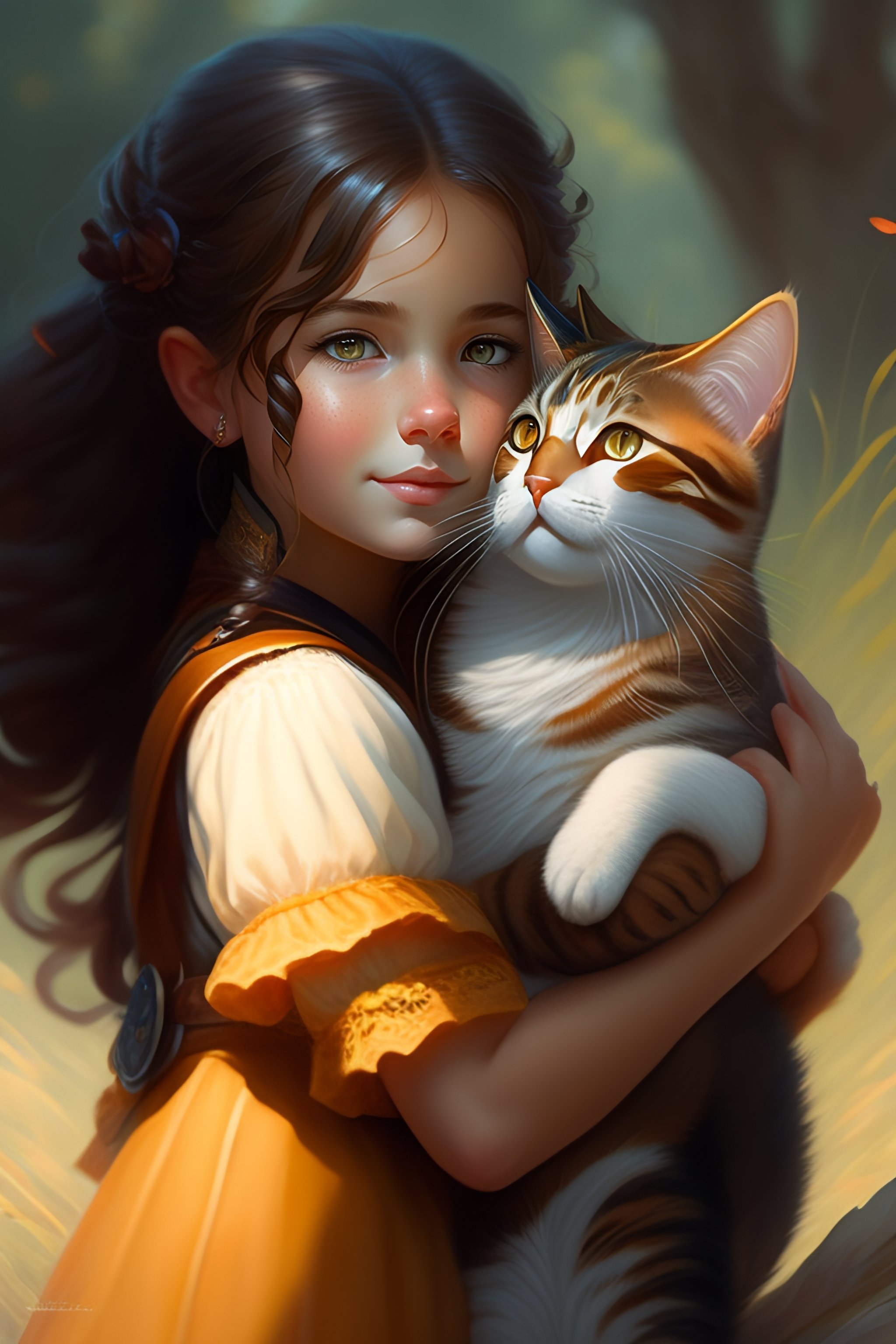 Lexica - A detailed portrait of a cute calm brunette girl hugging a ...